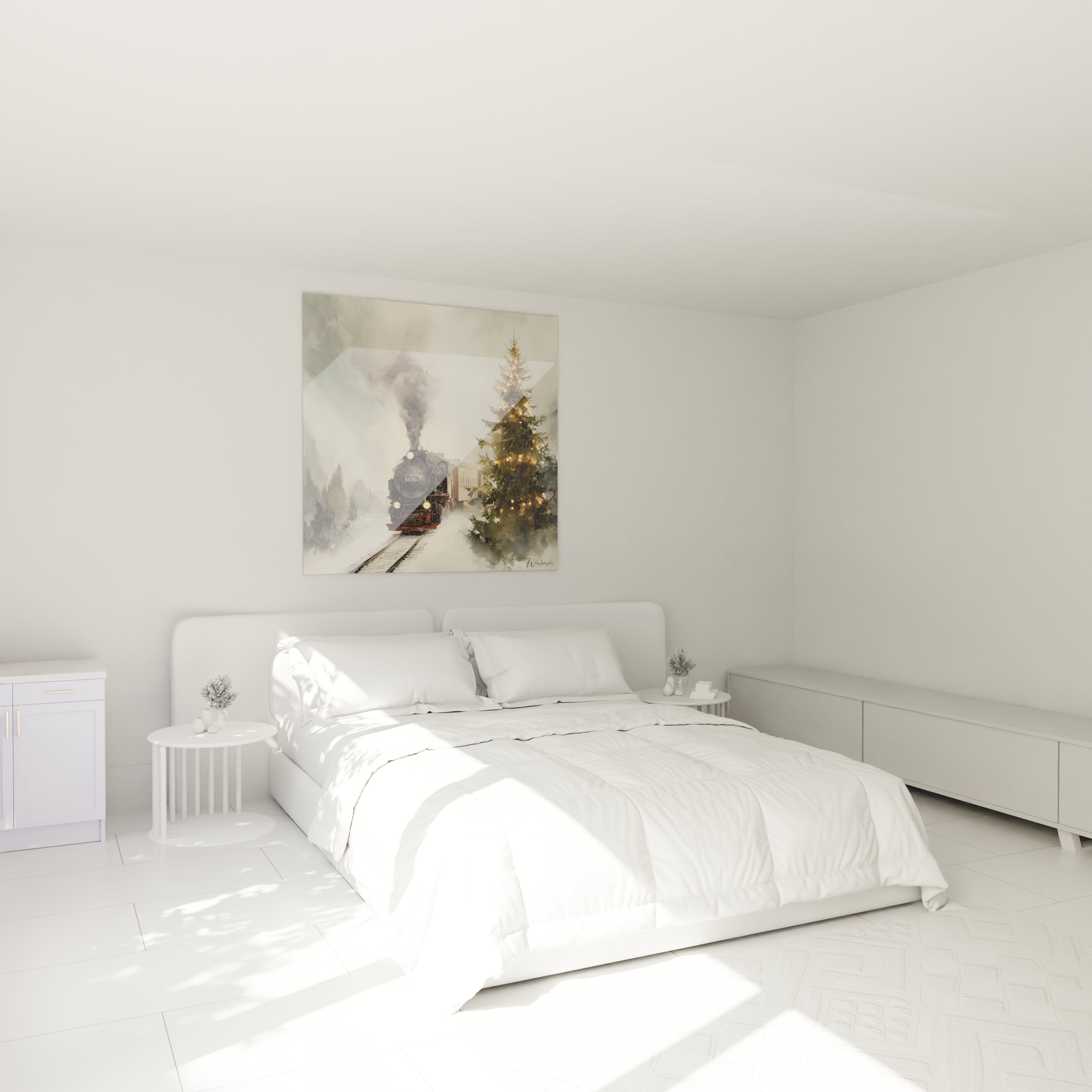 Tableau mural train express Noël sur un mur blanc dans une chambre lumineuse