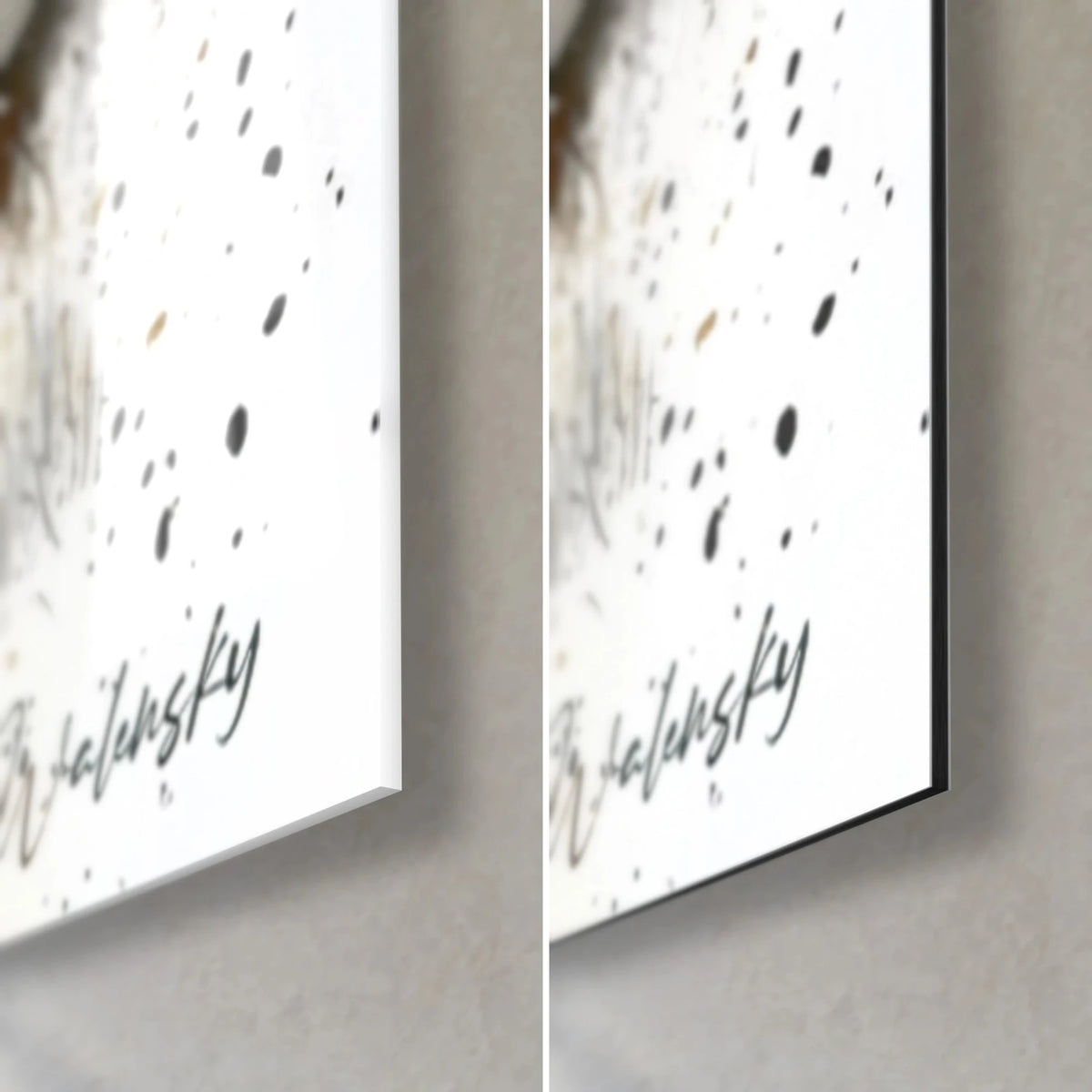Wall art watercolor Christmas train, bottom right corner: glossy acrylic glass on the left, matte brushed Dibond aluminum on the right, black splatters, 3 mm edge