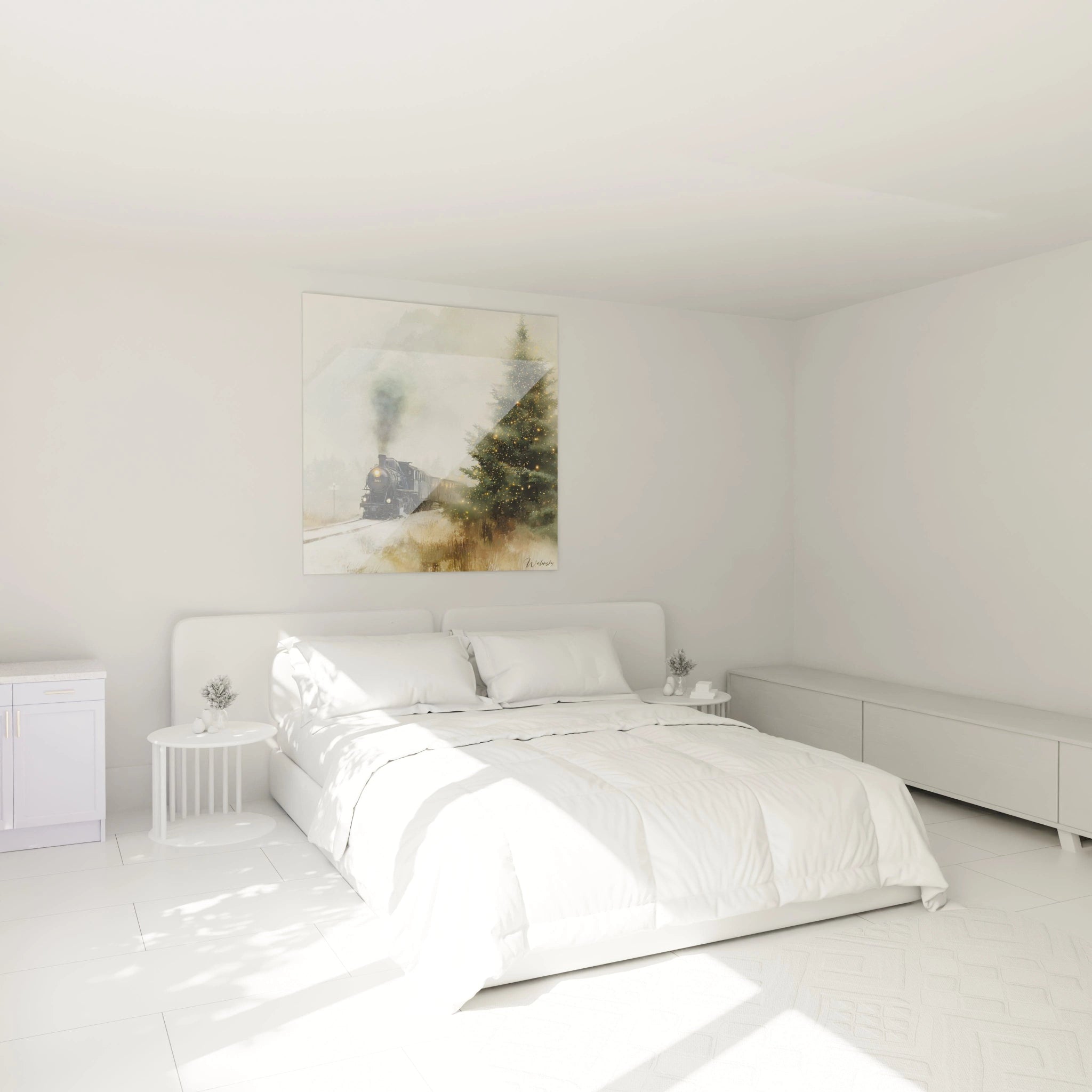 Tableau mural représentant un train de Noël sur un fond apaisant dans une chambre moderne