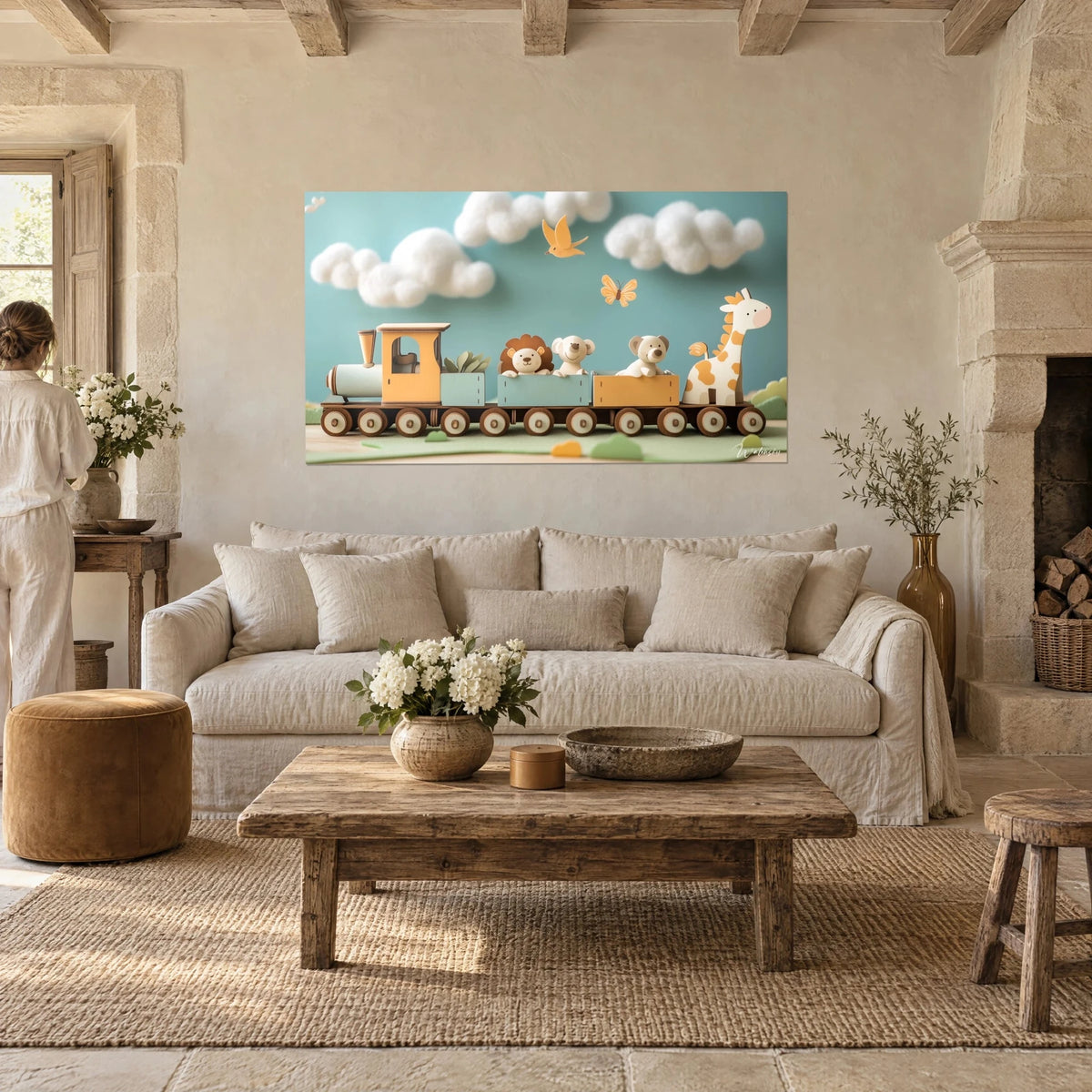 Wall art wooden ochre locomotive pulling a lion and a baby bear, white cotton clouds on a turquoise background, above a sofa in a bright living room
