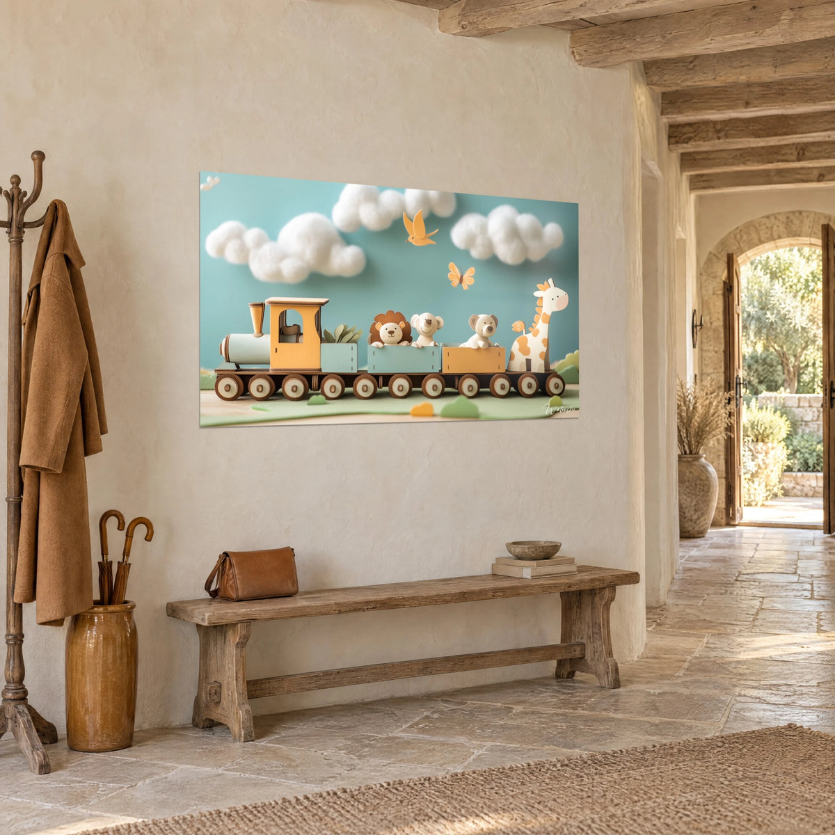 Wall art orange and sea-green toy train, cream spotted giraffe, golden butterfly, seen three-quarter view in a stone hallway