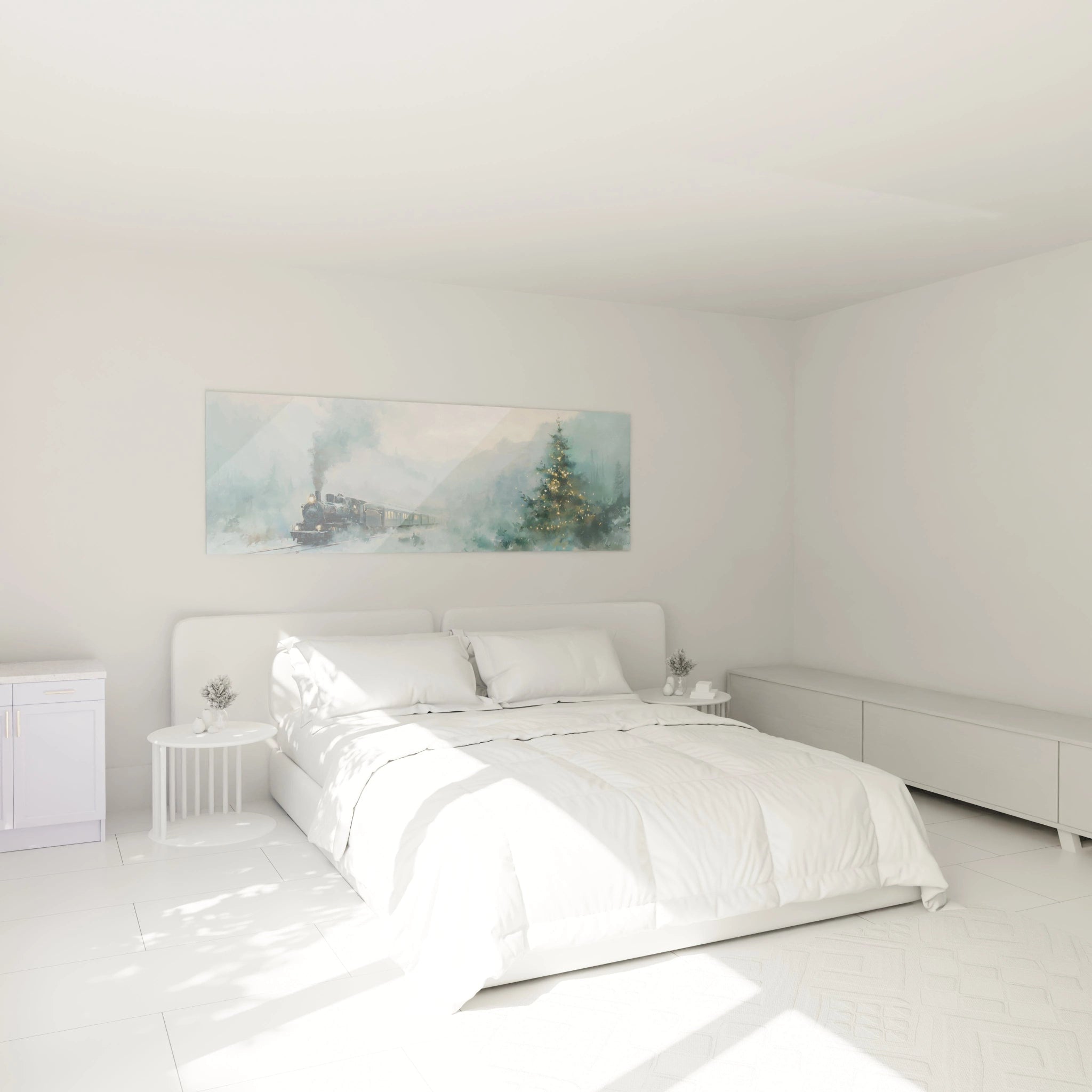 Tableau mural train édition Noël avec une scène hivernale paisible dans une chambre lumineuse