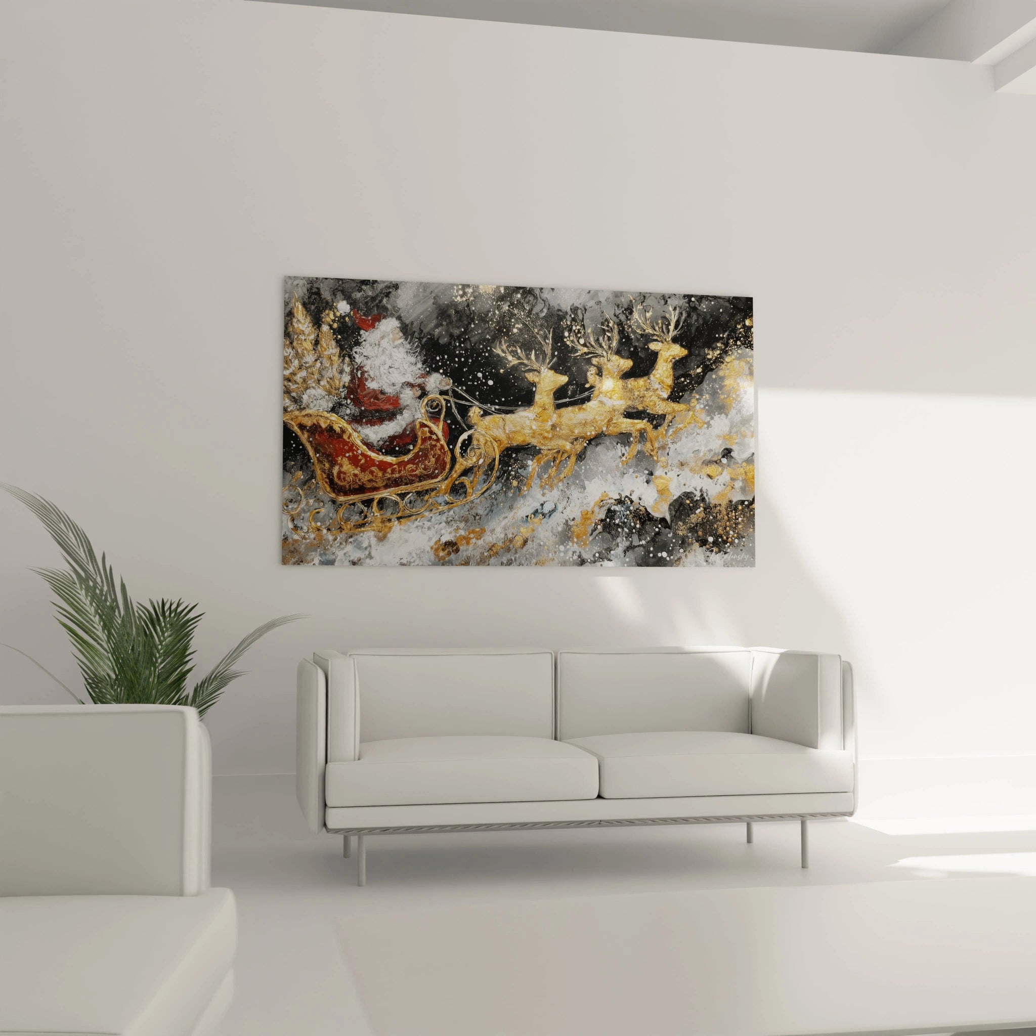 Tableau traîneau de Noël enfant avec un traîneau et des rennes décoratifs dans un cadre hivernal