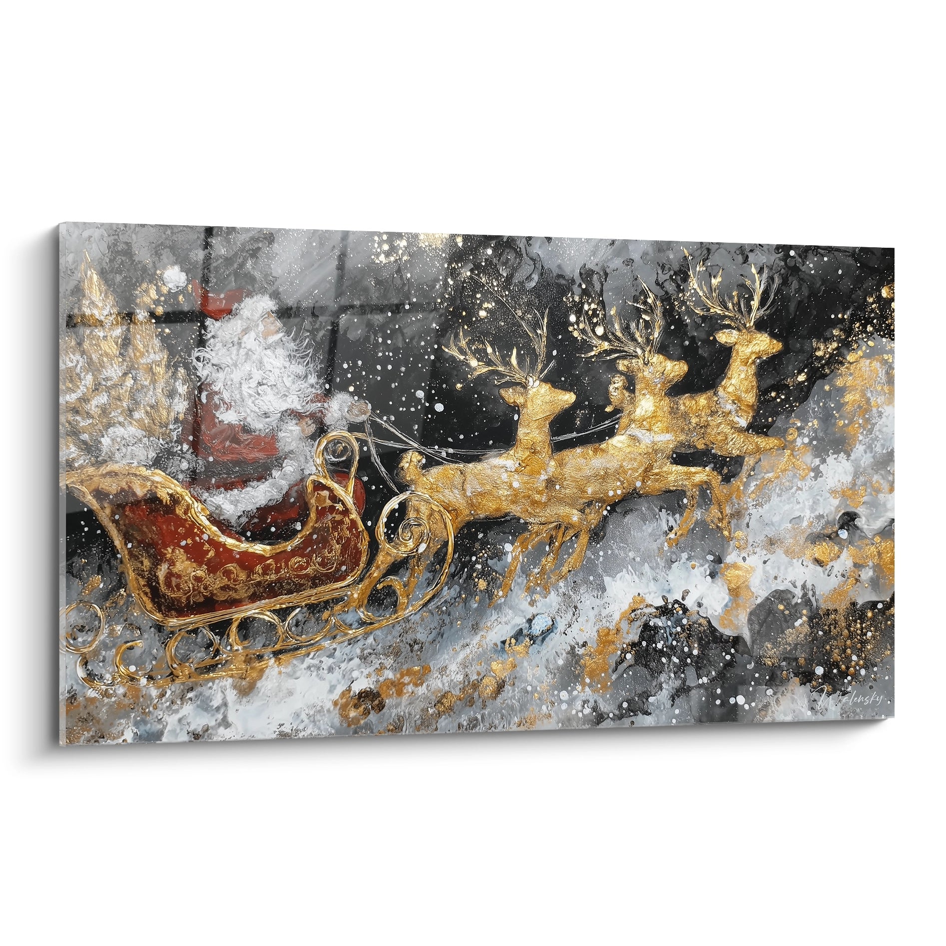 Tableau mural traîneau de Noël enfant avec des rennes dorés et un paysage enneigé
