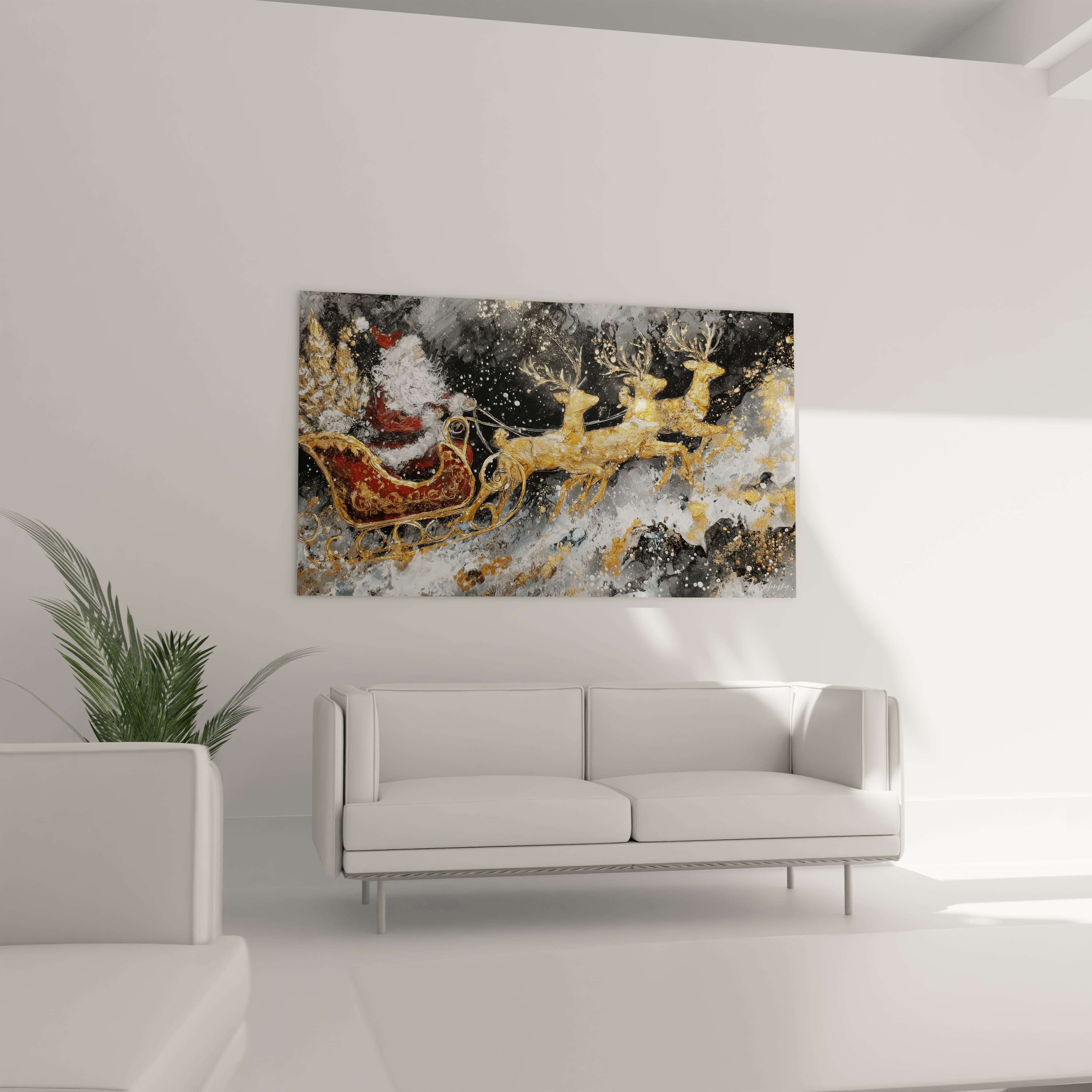 Tableau traîneau de Noël enfant avec un traîneau et des rennes décoratifs dans un cadre hivernal