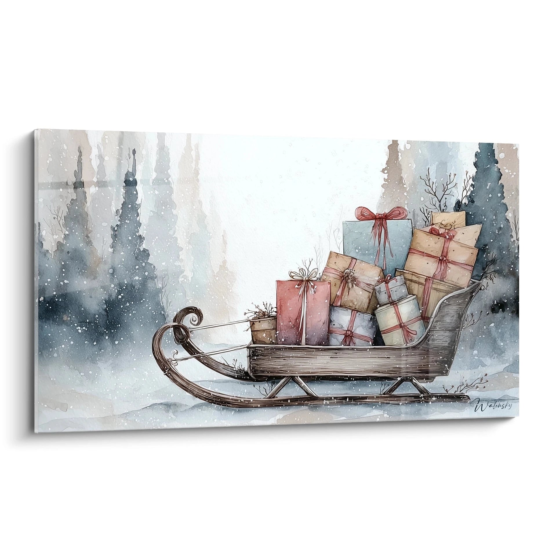 Tableau déco Noël traîneau avec des cadeaux colorés dans un paysage hivernal serein