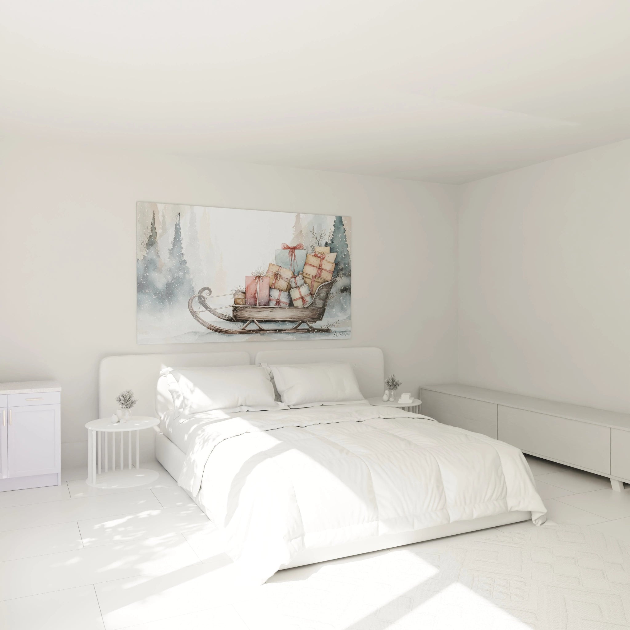 Tableau déco Noël traîneau avec des cadeaux dans un décor de chambre moderne et lumineuse