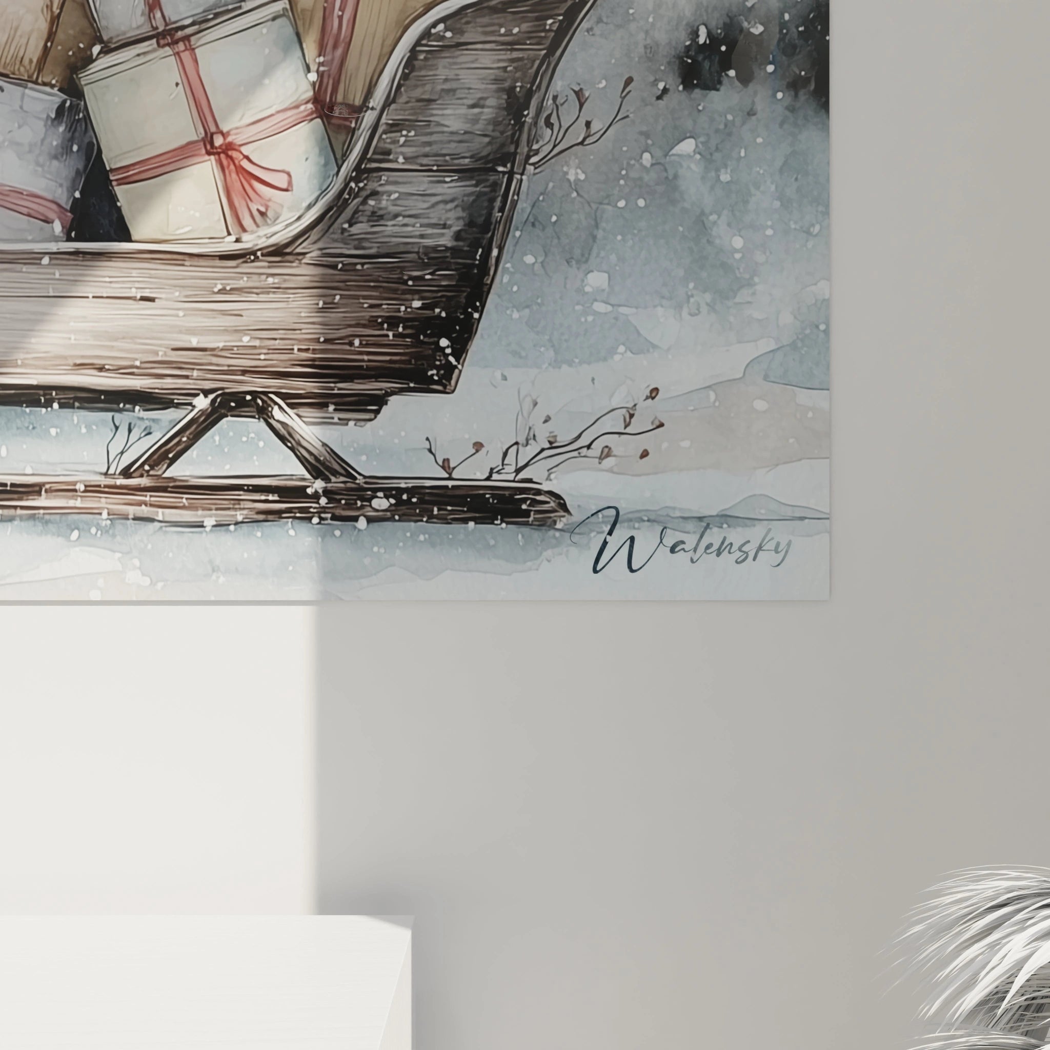 Tableau déco Noël traîneau avec des cadeaux colorés sur un fond hivernal artistique