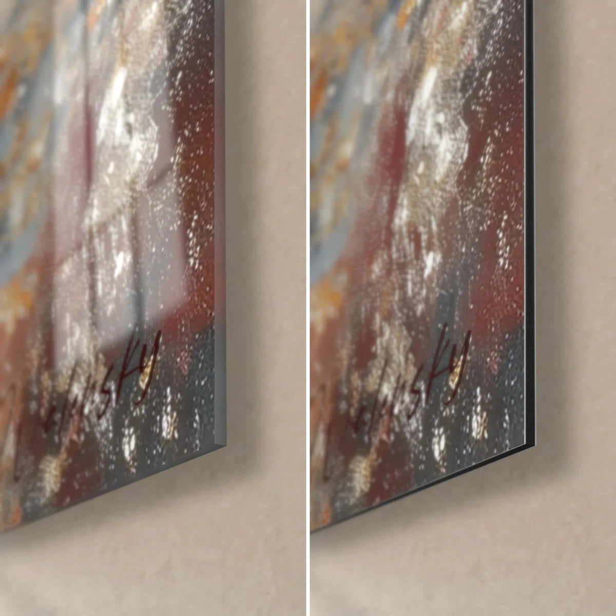 Tableau scène de Noël rouge et argent, coin bas droit : verre acrylique brillant à gauche, alu Dibond mat à droite, tranche de 3 mm visible