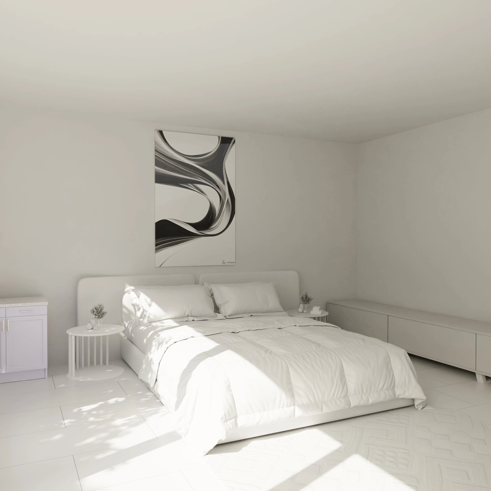 Un tableau rayures noir et blanc minimaliste composé de lignes sinueuses créant des formes abstraites. Les courbes s'entrelacent harmonieusement, formant des vagues et des tunnels visuels. Surface lisse avec effet de profondeur et contraste prononcé entre zones claires et sombres.
