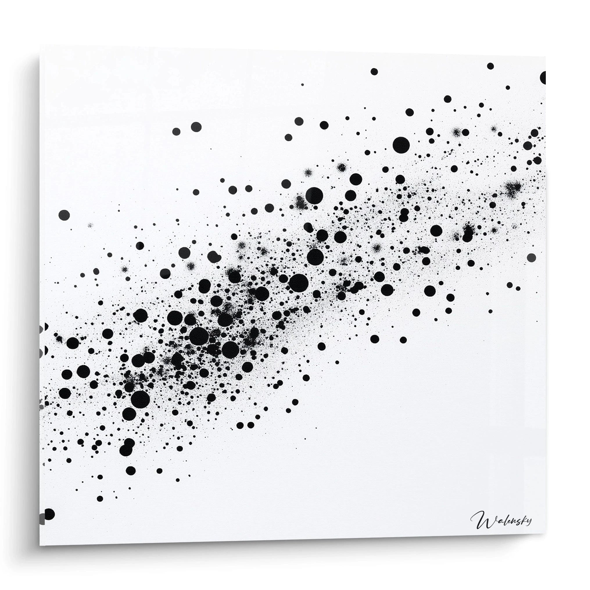 Tableau tacheté noir et blanc de Walensky avec une composition abstraite de points en mouvement