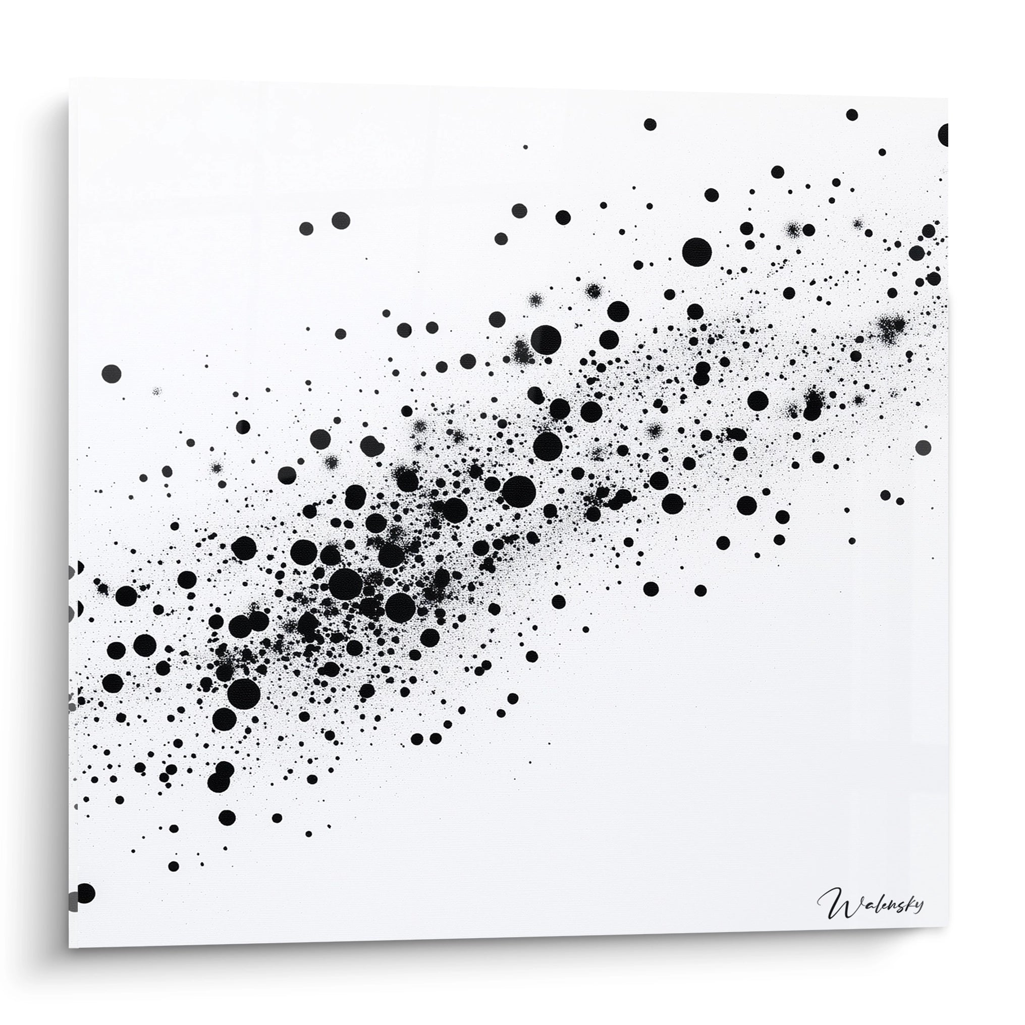 Tableau tacheté noir et blanc de Walensky avec une composition abstraite de points en mouvement