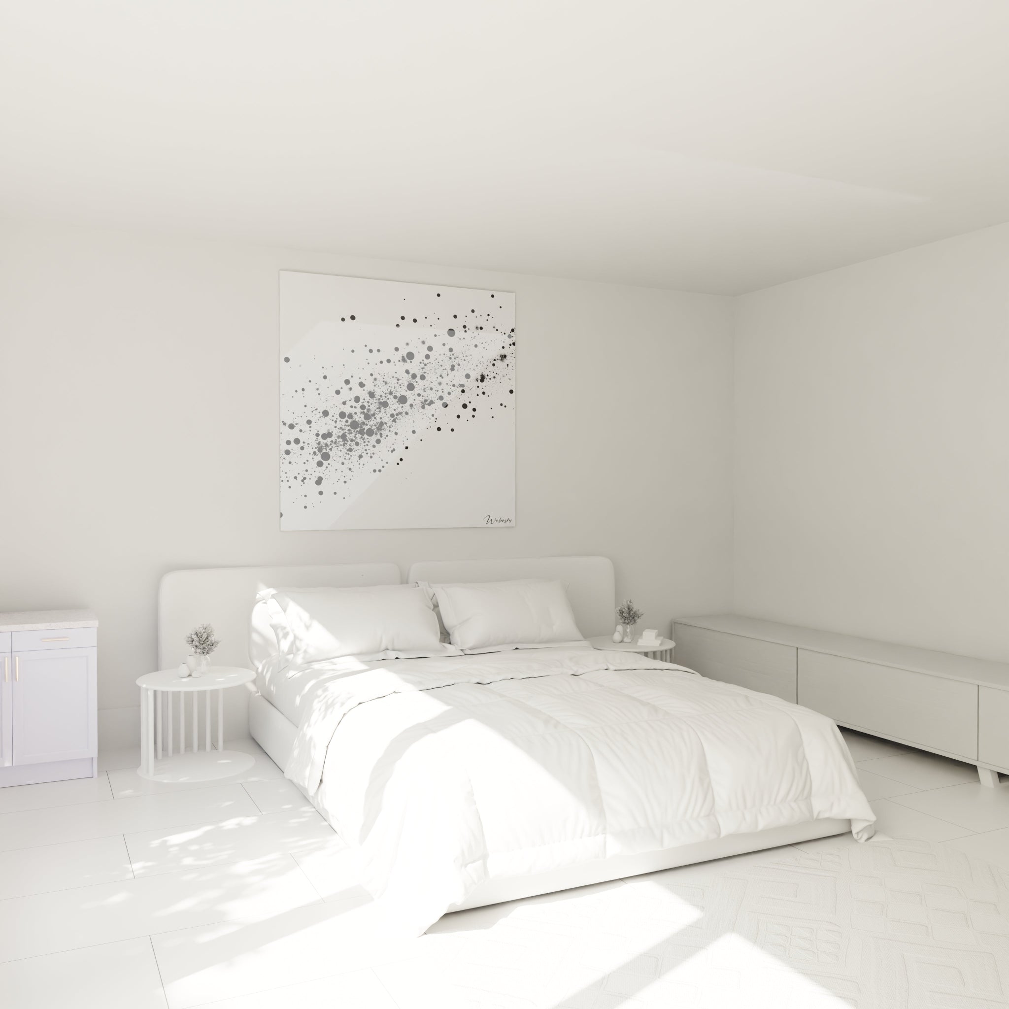 Tableau tacheté noir et blanc Walensky accroché au mur d'une chambre moderne lumineuse