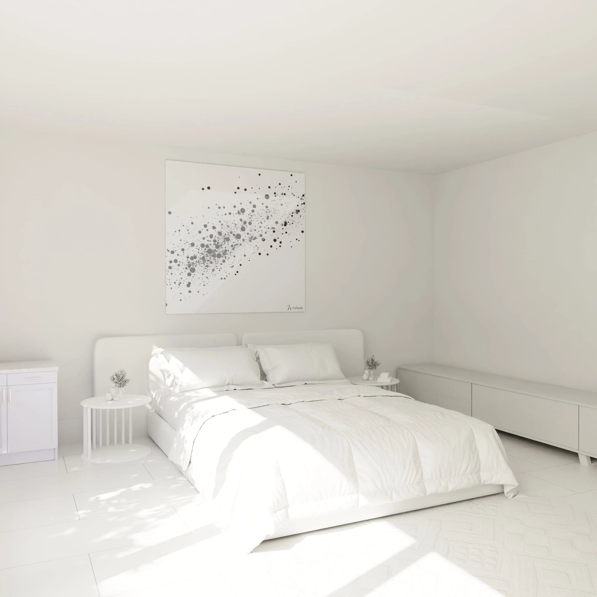 Tableau tacheté noir et blanc Walensky accroché au mur d'une chambre moderne lumineuse
