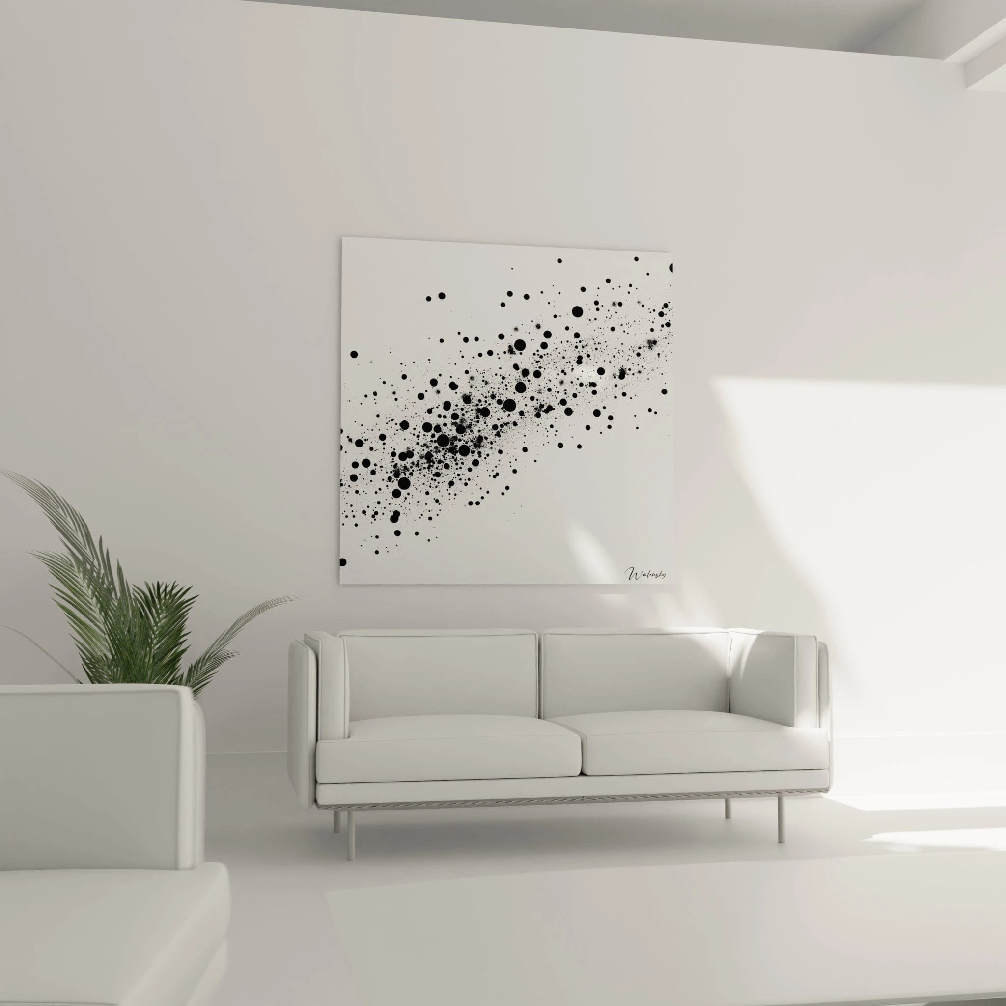 Tableau tacheté noir et blanc Walensky décorant un salon moderne avec un canapé blanc