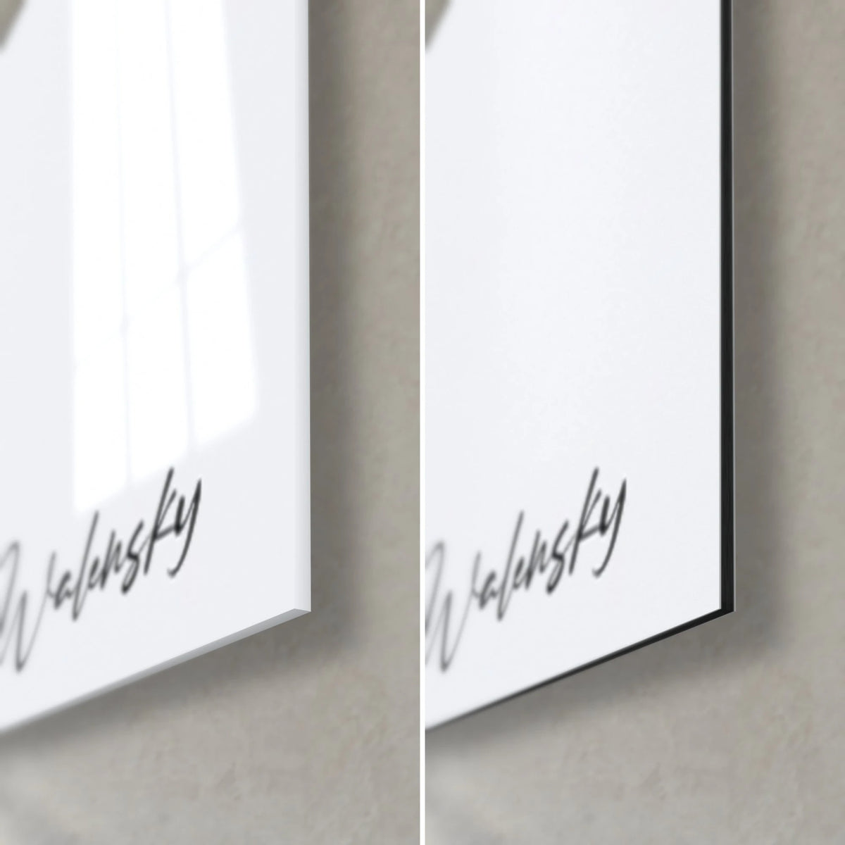 Wall art of black ink splashes on bright white, bottom right corner, glossy glass with reflections on the left, matte Dibond on the right, 3 mm edge