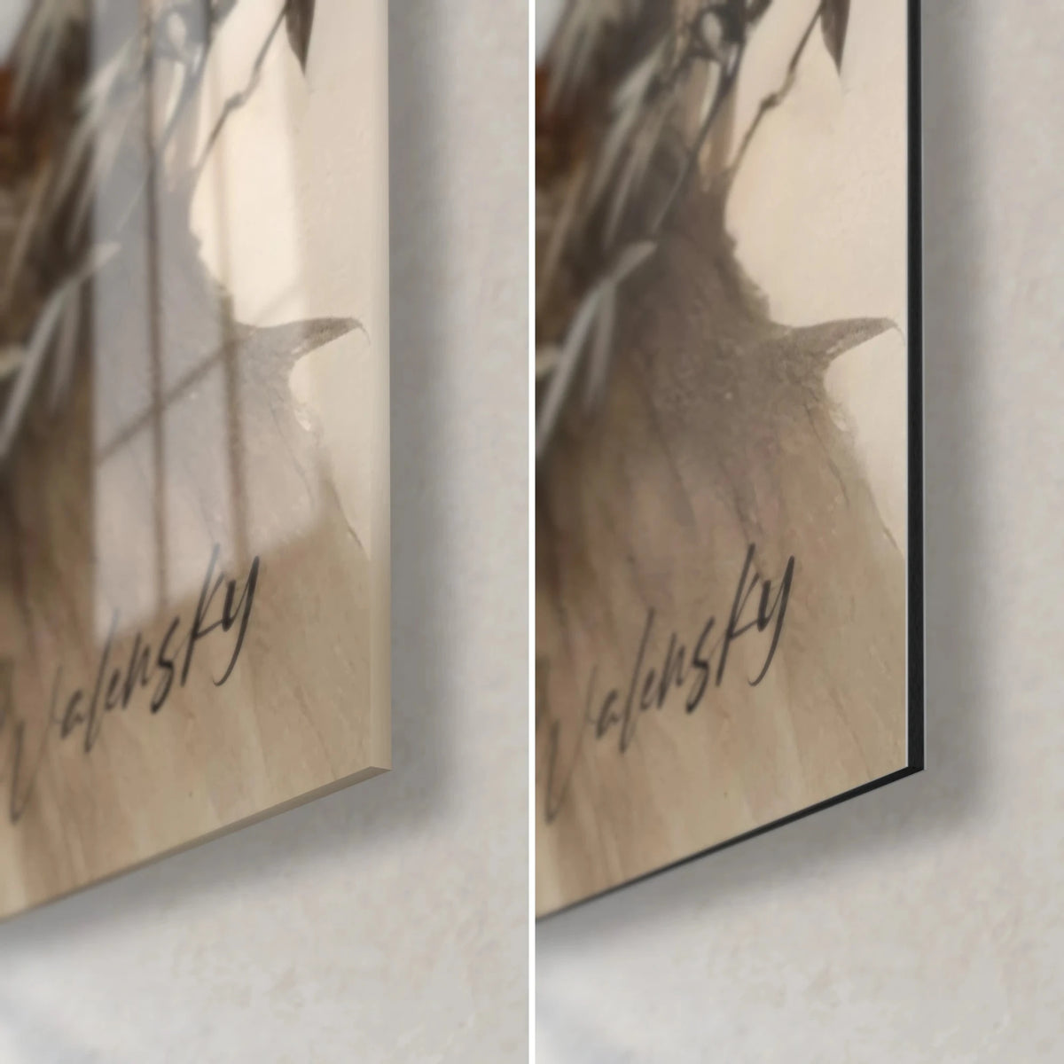 Tableau panda couché sur son arbre, coin bas droit : tranche de 3 mm, verre acrylique brillant à gauche, Dibond mat beige à droite