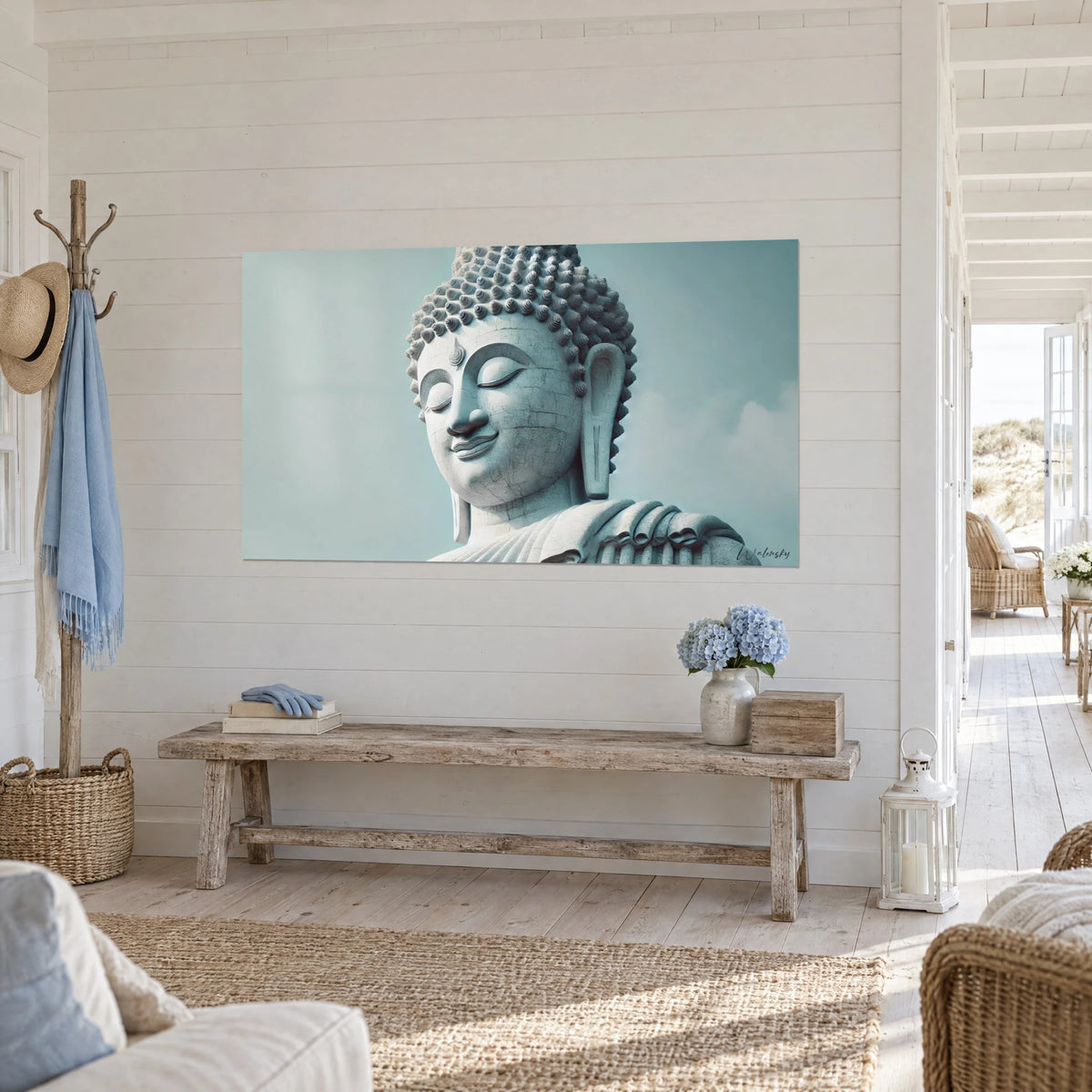 Quadro statua bianca screpolata con riccioli a spirale su sfondo azzurro pallido, montata su perlinato, vista di tre quarti