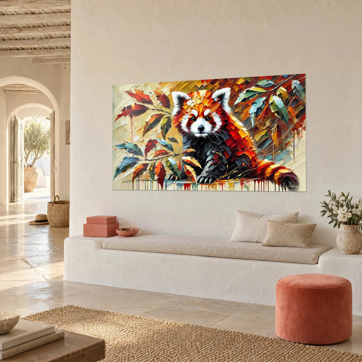 Quadro piccolo panda dal pelo arancione e rosso appollaiato su un ramo, fogliame turchese, visto di tre quarti su un muro intonacato bianco, panca in pietra