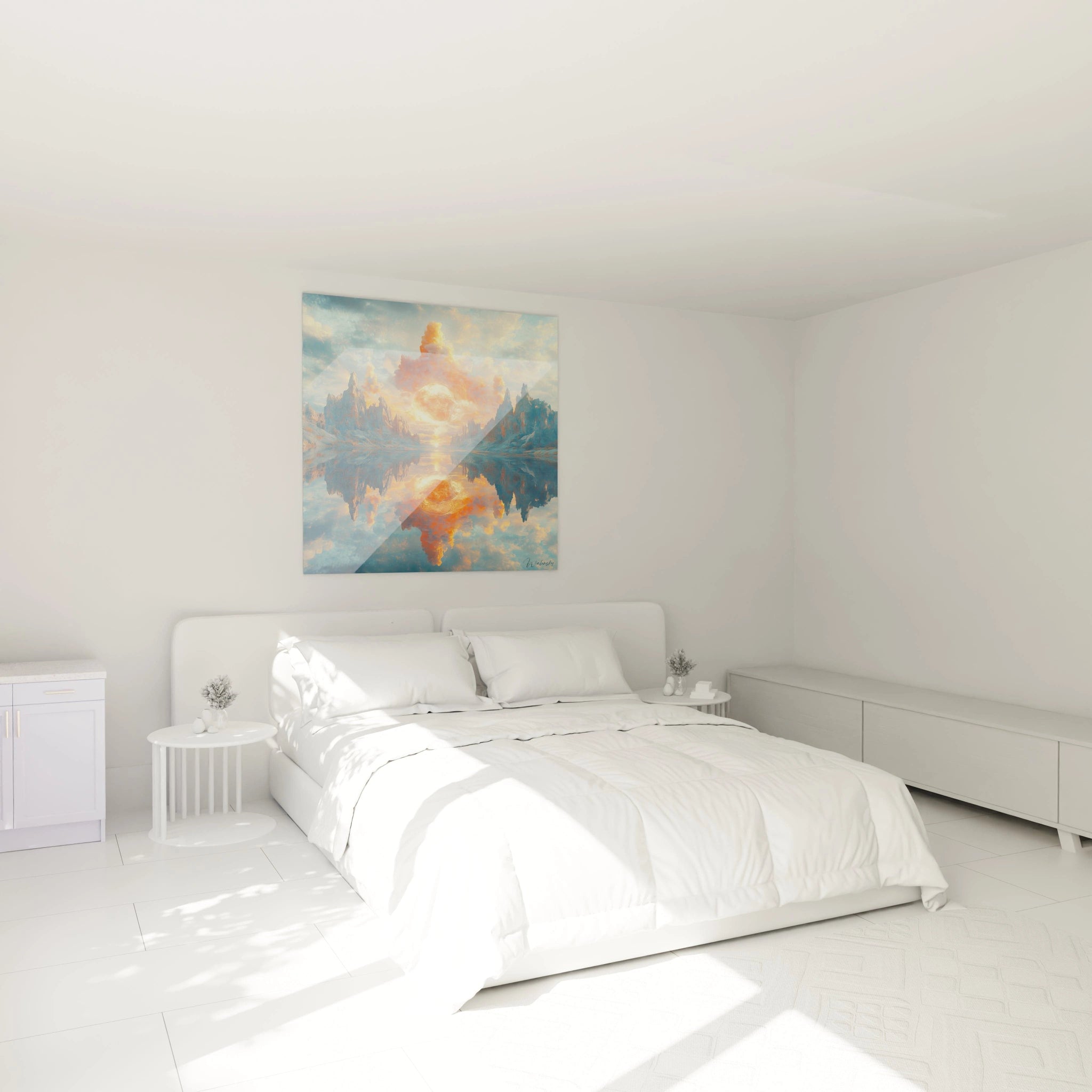 Tableau moderne abstrait de Walensky représentant un paysage serein avec des couleurs douces dans une chambre lumineuse