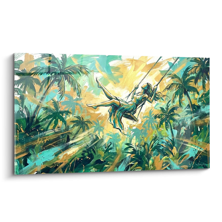 Tableau Trapéziste Voltigeant Entre Palmiers Turquoise et Or - Acrobatie Tropicale - Edition Bali