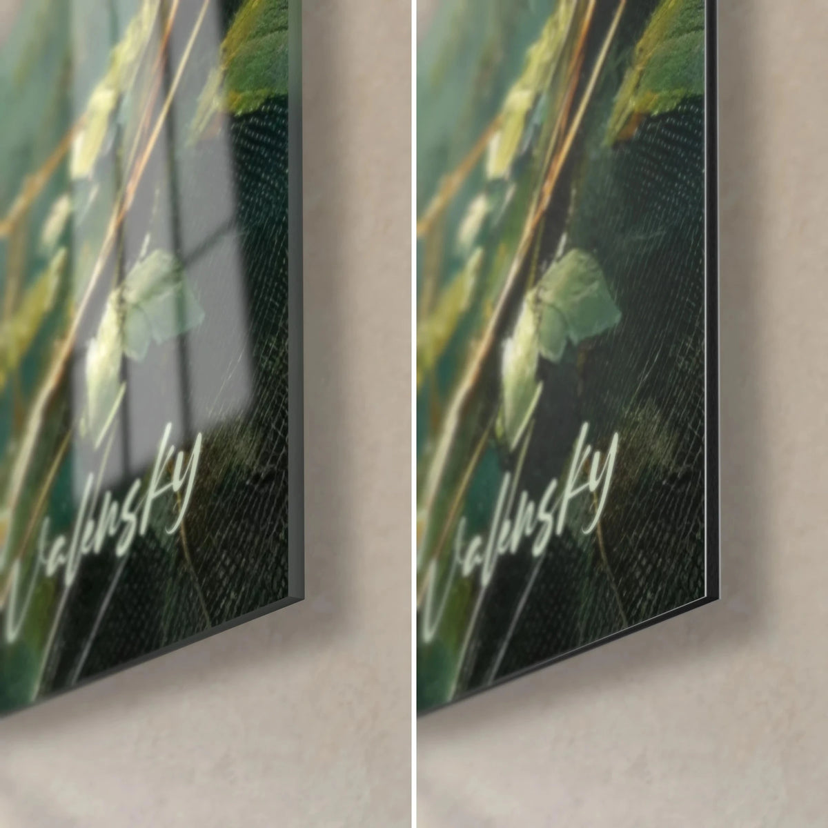 Gemälde Dschungel in Öl gemalt, tiefes Grün und Gold, untere rechte Ecke: glänzendes Acrylglas links, mattes Dibond rechts