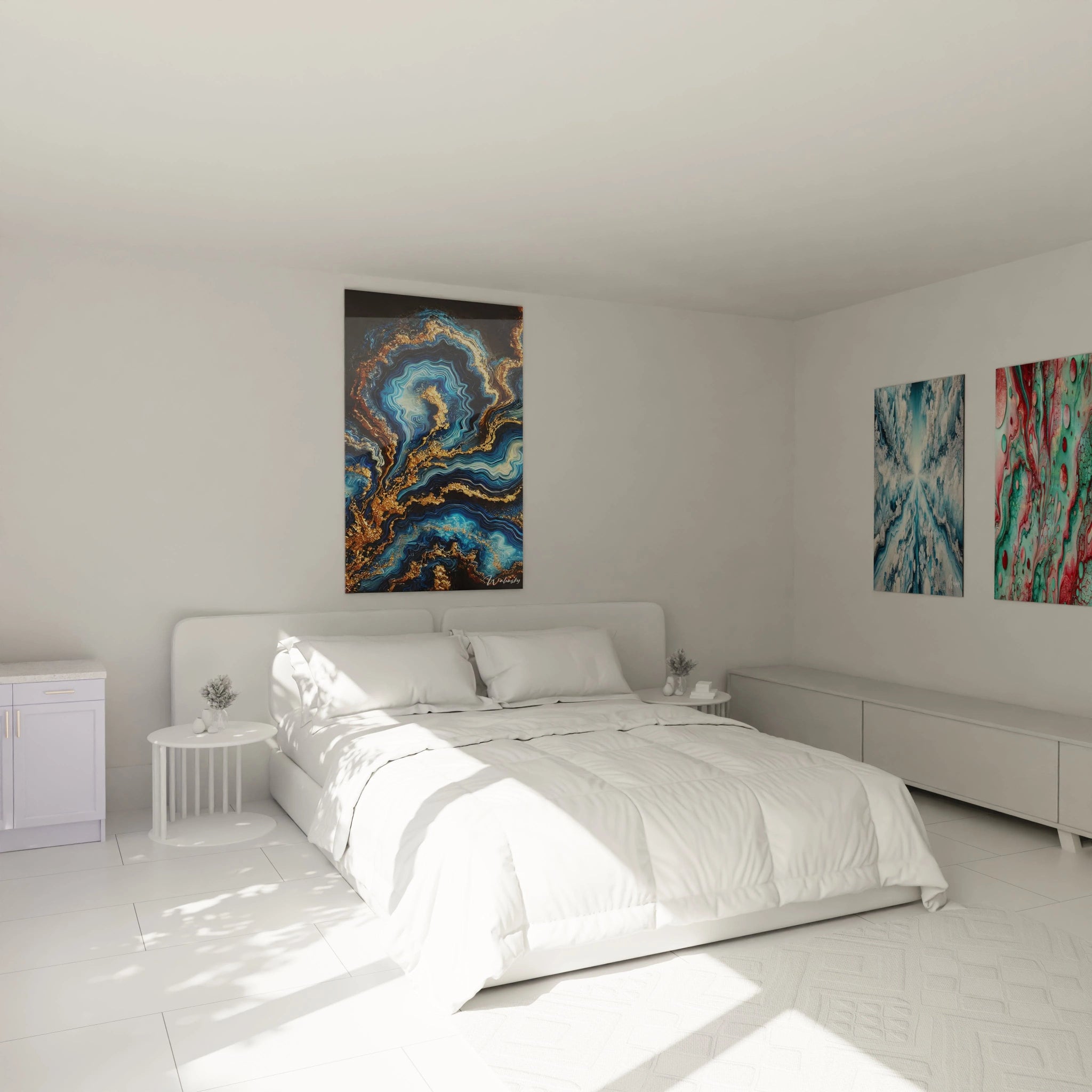 Tableau style epoxy accroché au-dessus du lit, les vagues ondulent en bleu et or. Apporte sérénité et beauté à votre chambre avec un air marin apaisant.

