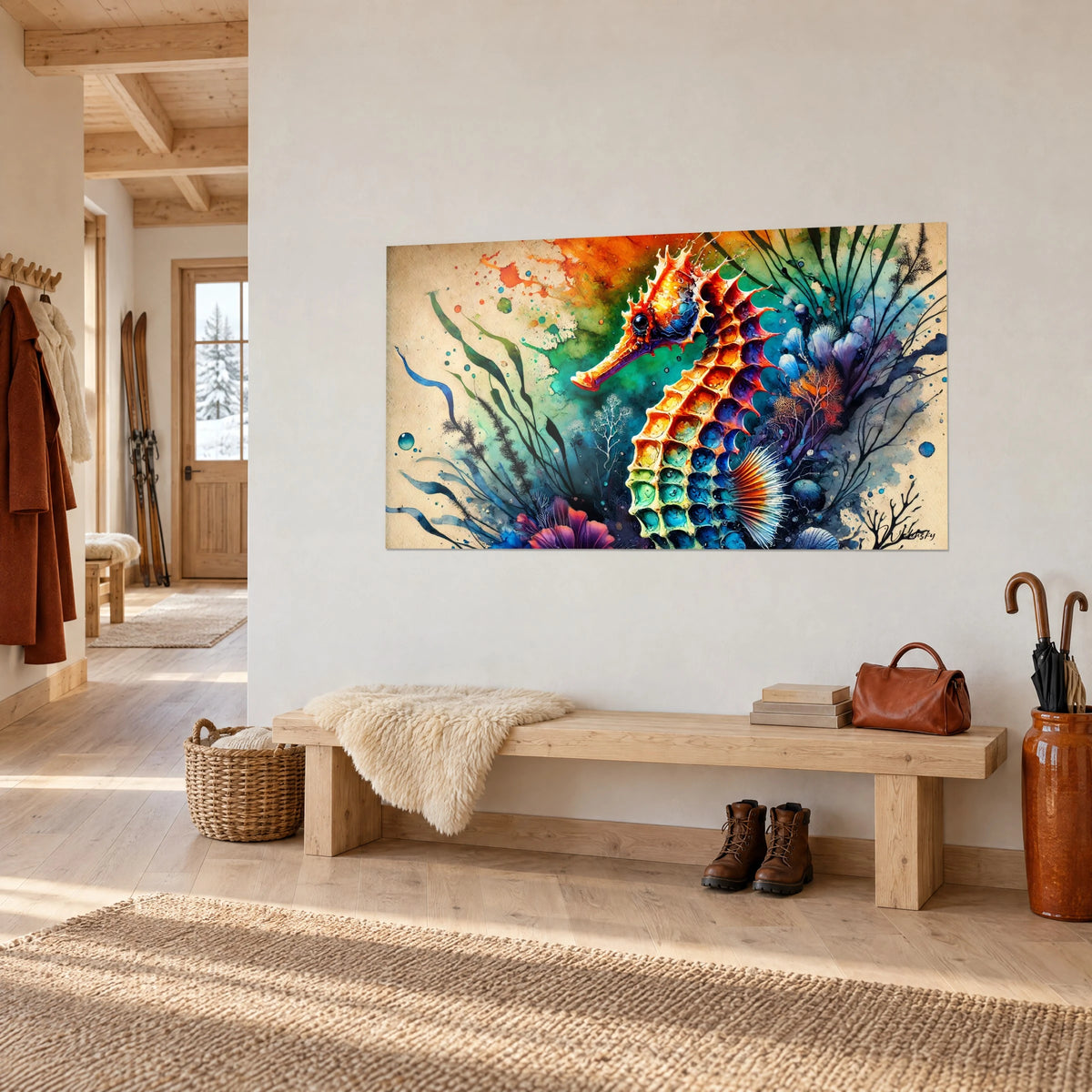 Quadro cavalluccio marino acquerellato, muso arancione e dorso a celle verdi e viola, visto di tre quarti in uno chalet