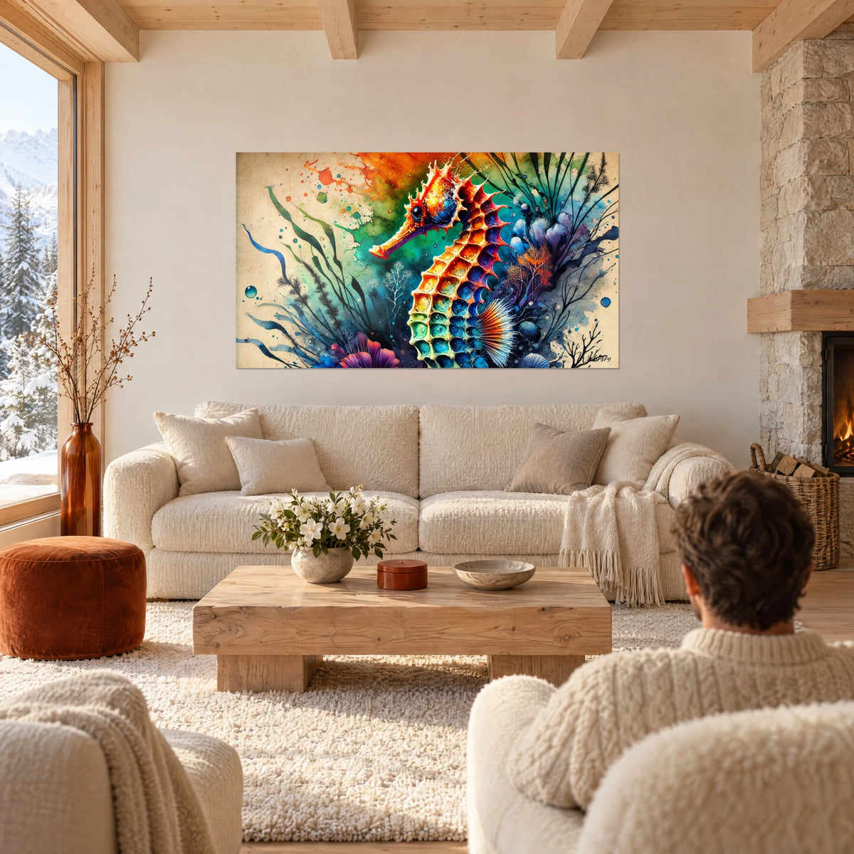 Quadro cavalluccio marino fiammeggiante con squame arancioni e turchesi su sfondo crema, sopra un divano in un soggiorno luminoso