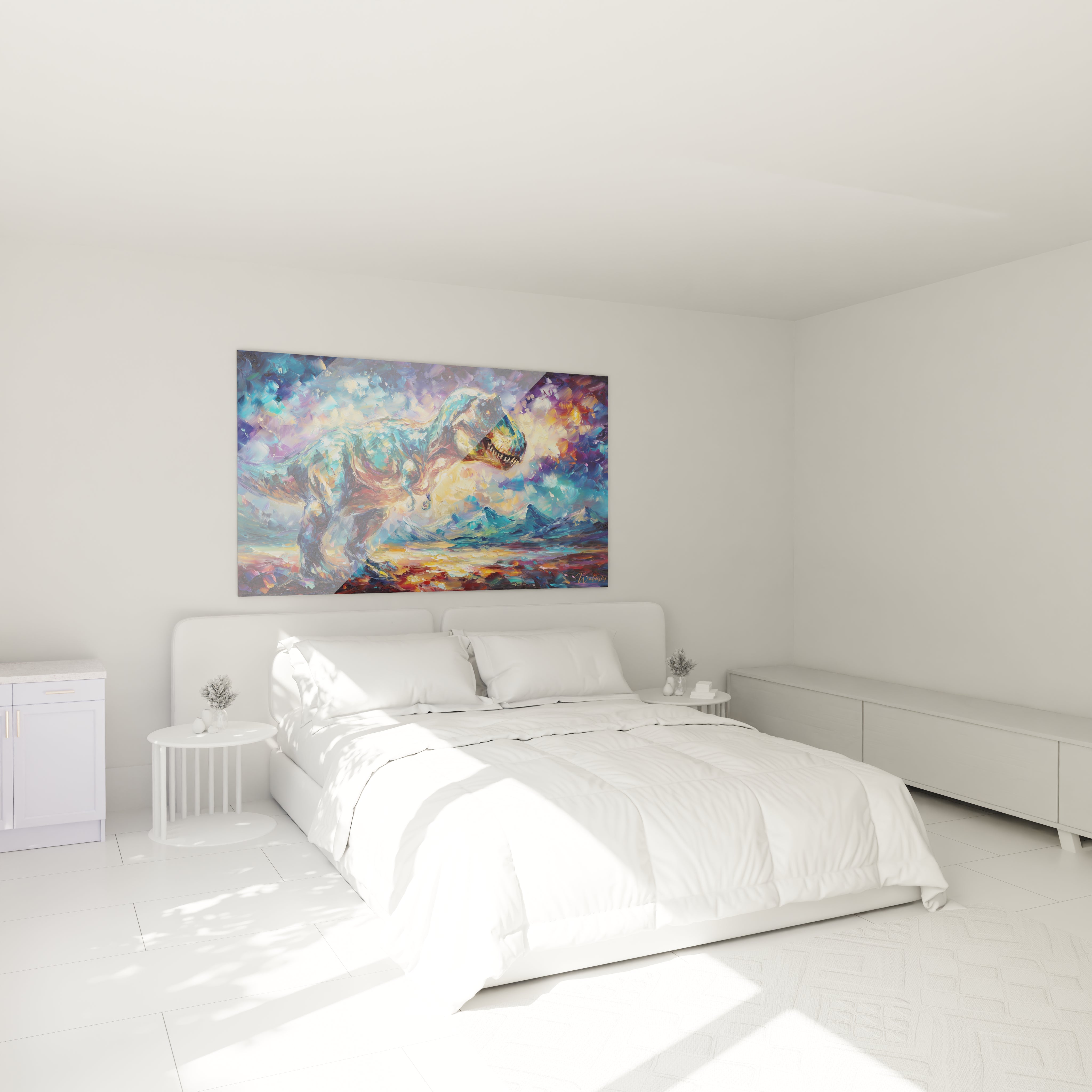 Tableau T-Rex coloré dans chambre moderne, décoration murale dinosaure, ambiance contemporaine