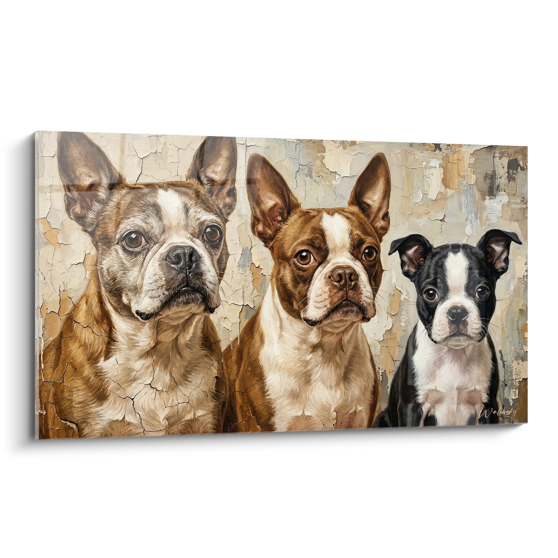 Tableau trois Boston Terriers portraits expressifs fond texture vintage couleurs naturelles bringé roux noir blanc