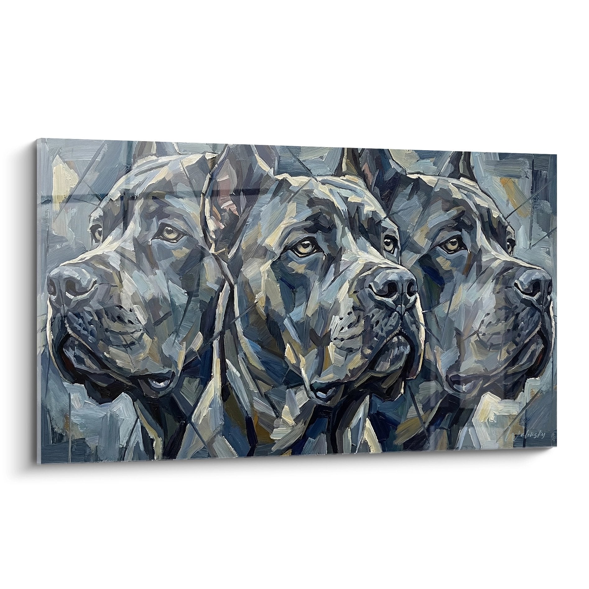 Tableau trois portraits Cane Corso style geometrique tons gris bleu regard intense art moderne