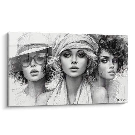Illustriertes Wandbild mit drei Frauen in Schwarzweiß, die drei Frauen mit einzigartigen und künstlerischen Stilen zeigt