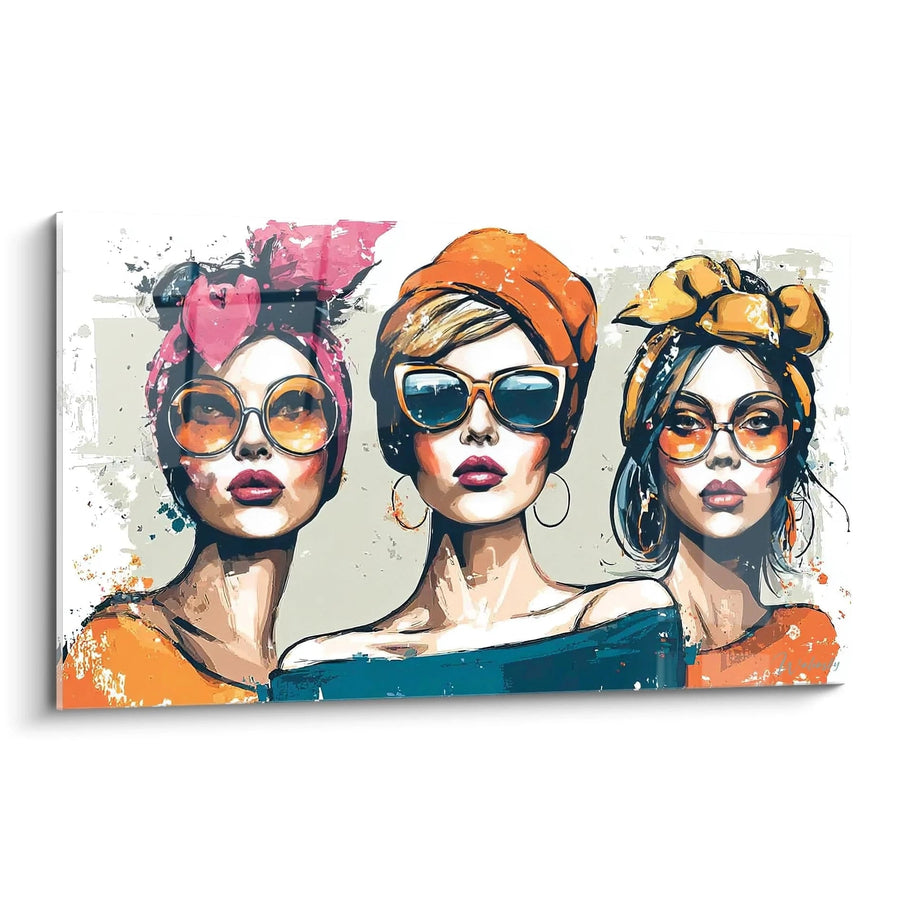 Tableau Trio Féminin - Style Rétro-Moderne et Coiffures Audacieuses - édition illustration de mode