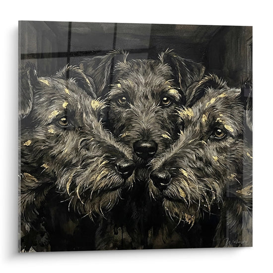 Quadro artistico trio fox terrier mantello grigio riflessi dorati complicità canina sfondo neutro