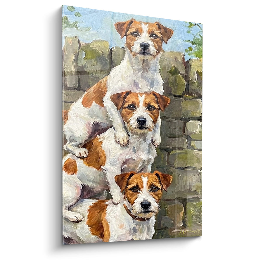 Tableau Trio de Jack Russel Terrier sur Escalier en Pierre - Complicité Canine - Edition Jack Russel Terrier