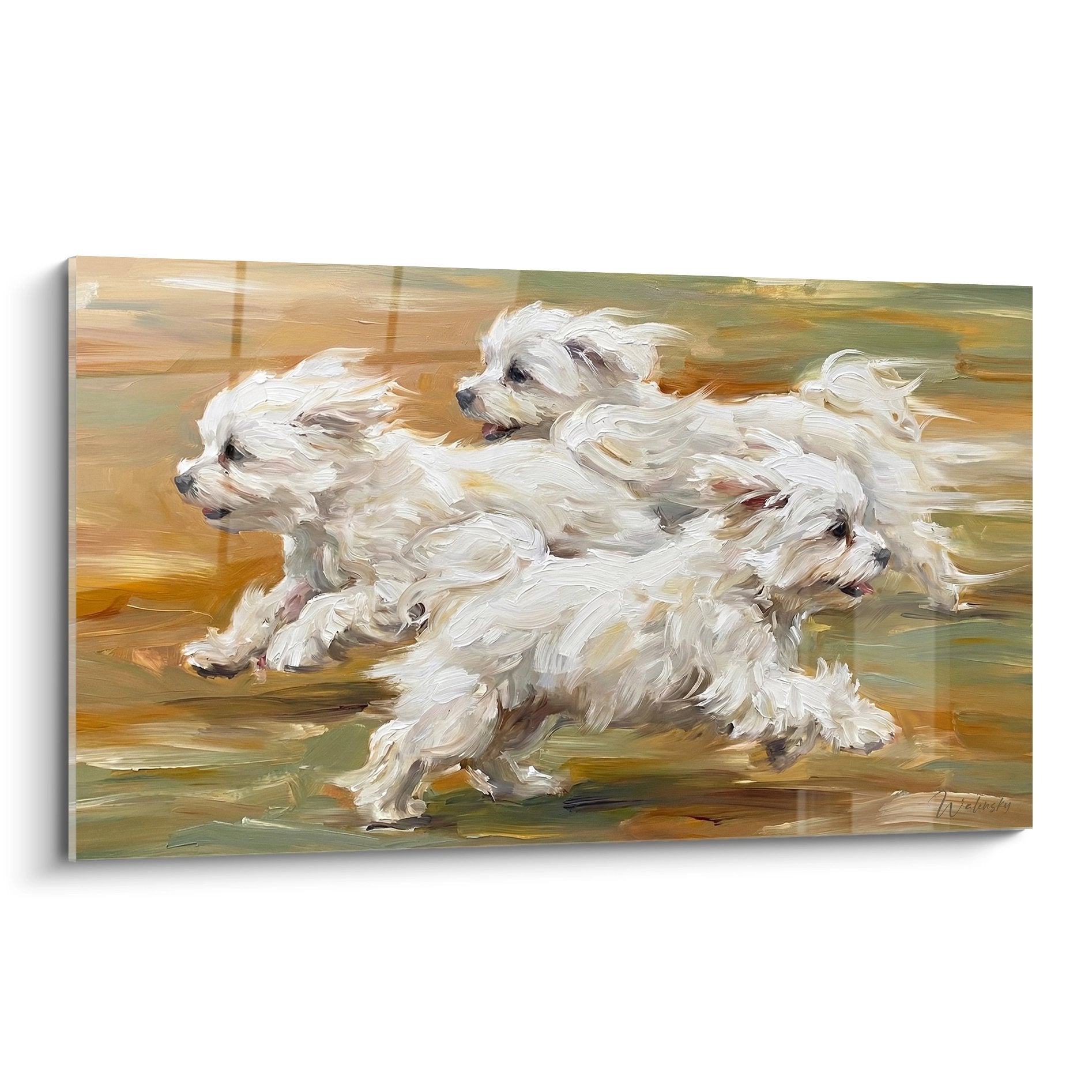 tableau peinture trois bichons maltais blancs courant ensemble tons ocre verts mouvement dynamique