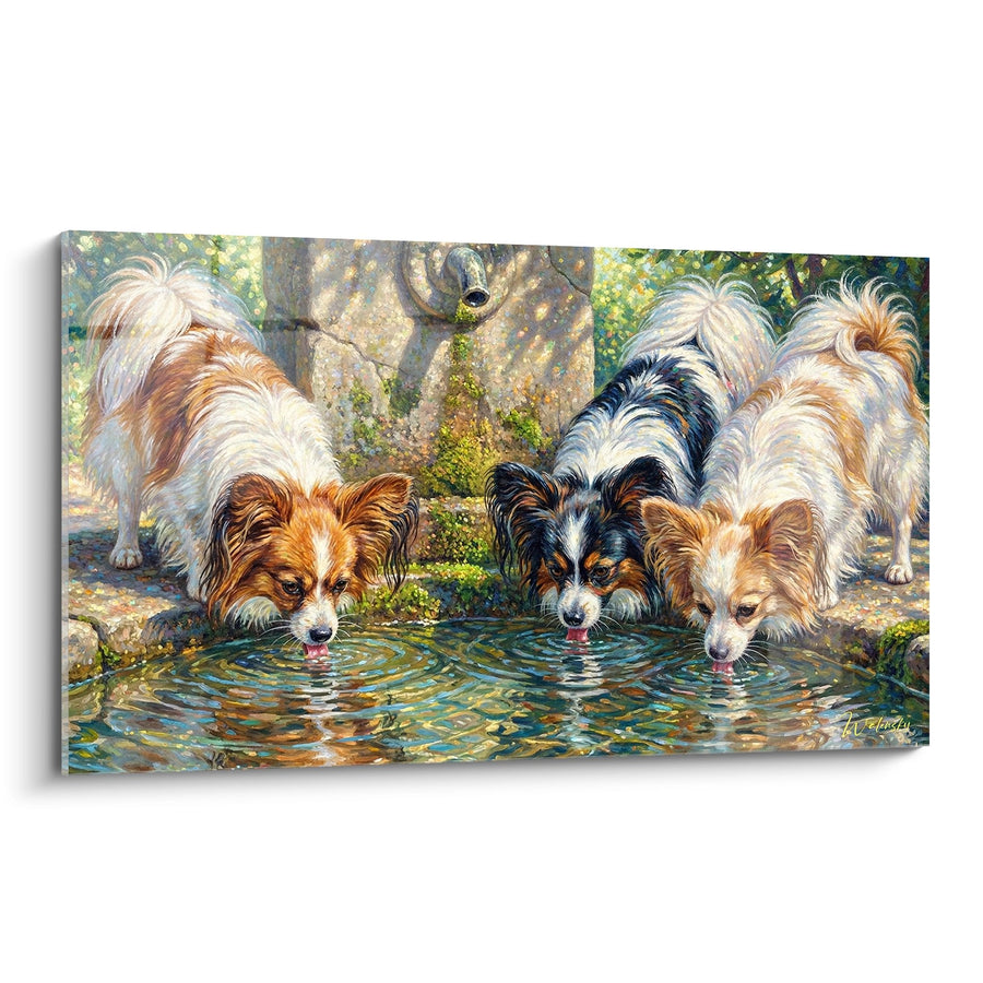 Tableau Trois Chiens Papillon Buvant à la Fontaine - Moment de Fraîcheur - Edition Chien Papillon