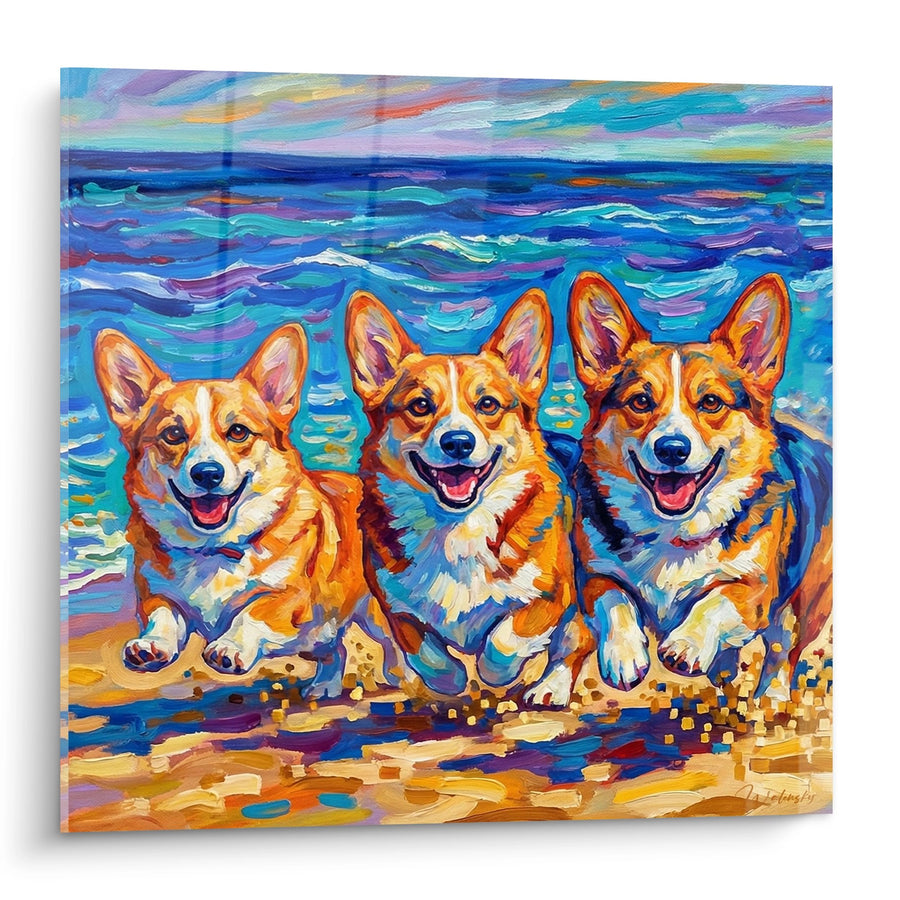 Tableau Trois Corgis Joyeux Courant dans les Vagues - Éclats d'Océan - Edition Corgi Pembroke