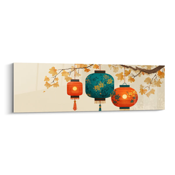 Schilderij Drie Gekleurde Lantaarns Ophanging in Oranje- en Turquoise Tinten - Herfstlichten - Editie Lanscape