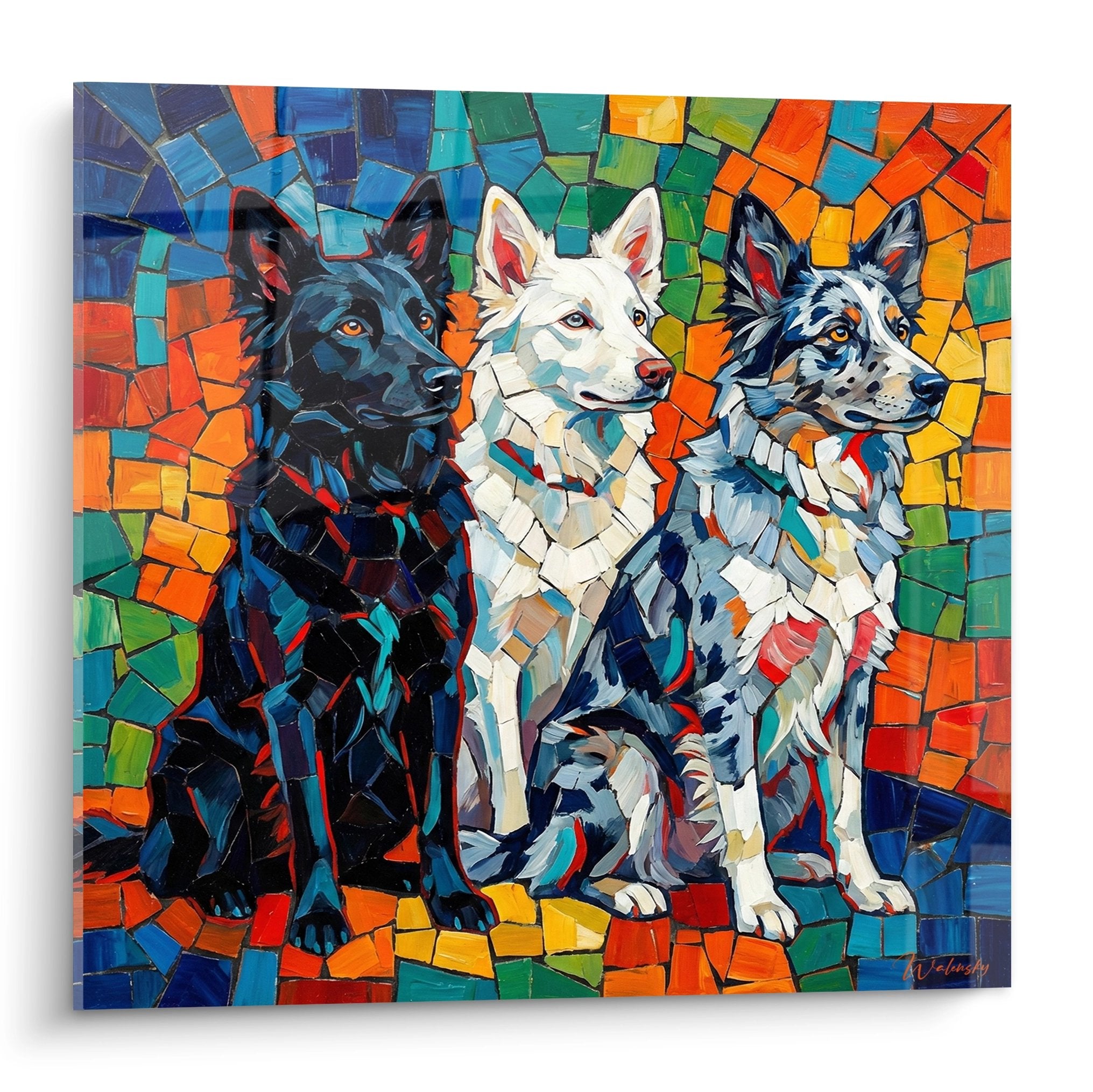 Tableau trois Mudis style mosaique geometrique coloree orange bleu vert regards expressifs Edition Mudi