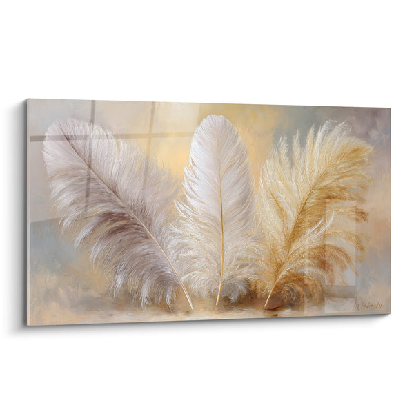 Schilderij Drie Delicate Veertjes Beige Goud en Wit - Natuurlijke Elegantie - Editie Veer