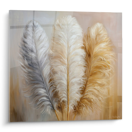 Tableau trois plumes duveteuses gris blanc ocre dore harmonie naturelle edition plume decoration murale