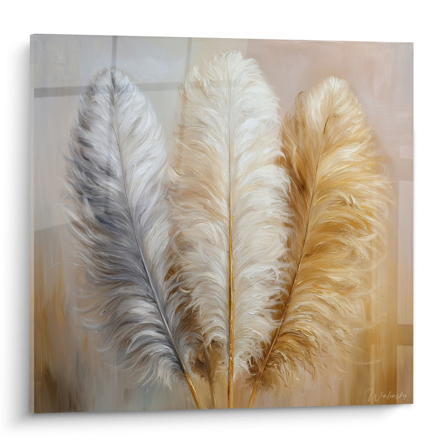 Three fluffy feathers artwork gray white and ochre gold - Natural harmony - Plume Edition