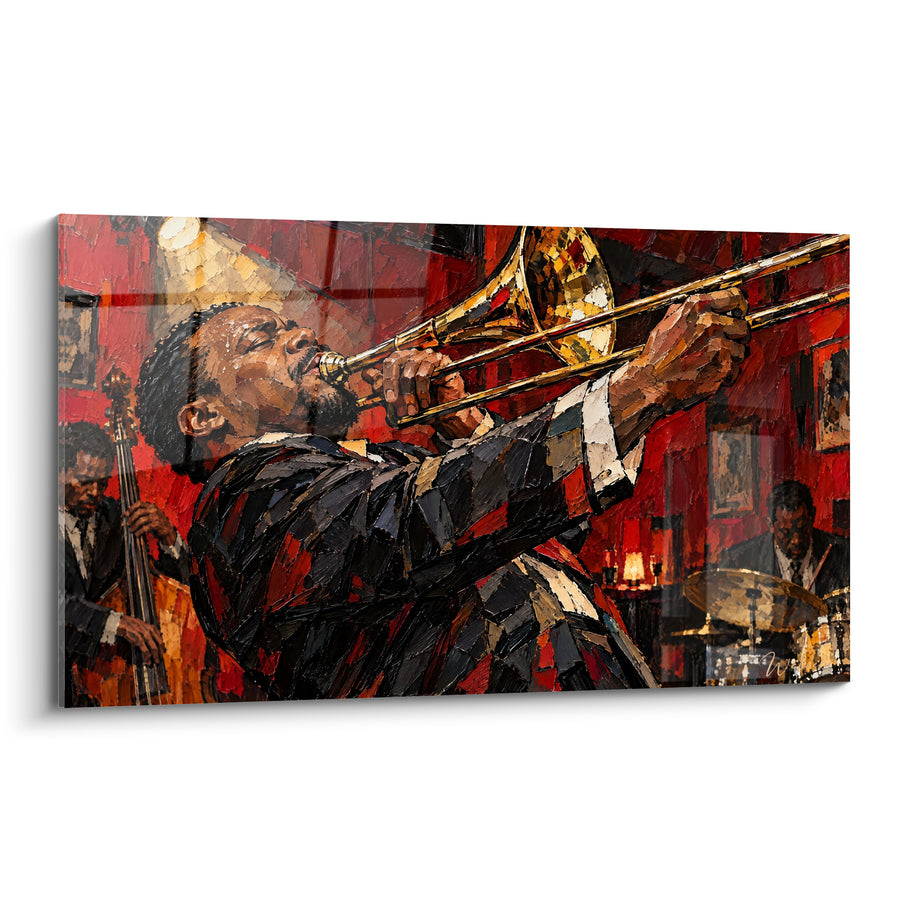 Tableau Musicien rouge et doré en plein club - Transe nocturne - Edition Trombone
