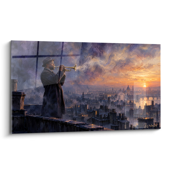 Tableau Trompettiste sur toit brumeux au coucher du soleil - Mélodie du crépuscule - Edition Trompette