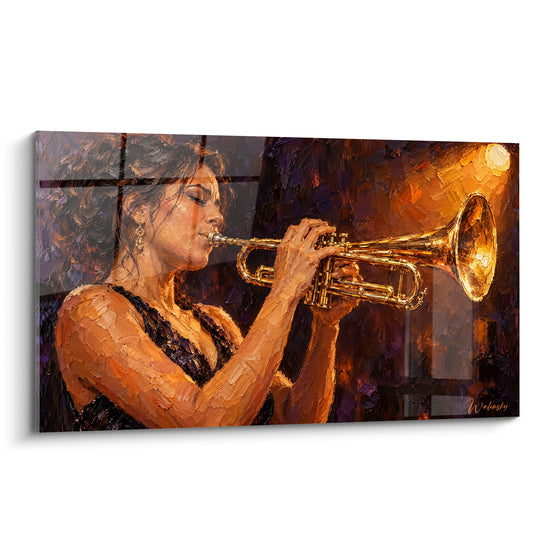 Tableau Trompettiste aux teintes dorées et violettes - Souffle de jazz - Edition Trompette