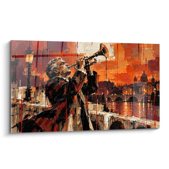 Tableau Trompettiste sur un pont orangé doré - Sérénade urbaine - Edition Trompette