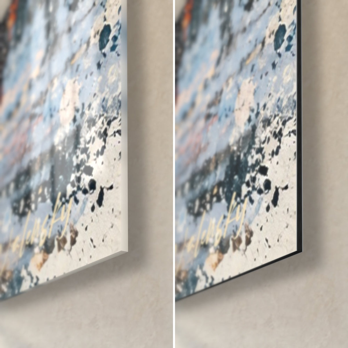 Tableau trompettiste en manteau turquoise et corail, coin bas droit, verre acrylique brillant à gauche, Dibond mat blanc à droite