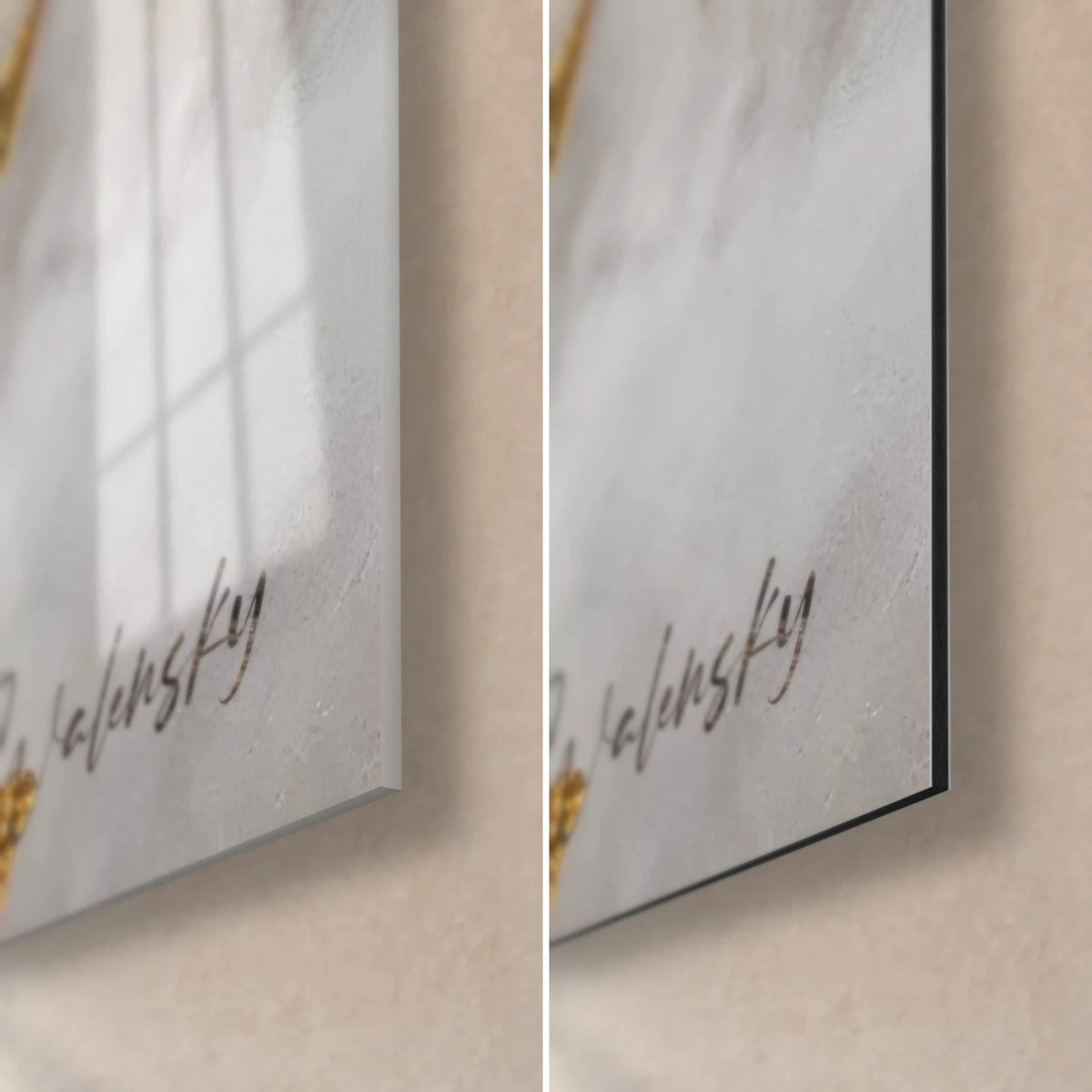Gemälde eines grauen und weißen Koalas, untere rechte Ecke: glänzendes Acrylglas mit Spiegelung des Fensters, mattschwarzes Alu-Dibond, 3 mm Kante